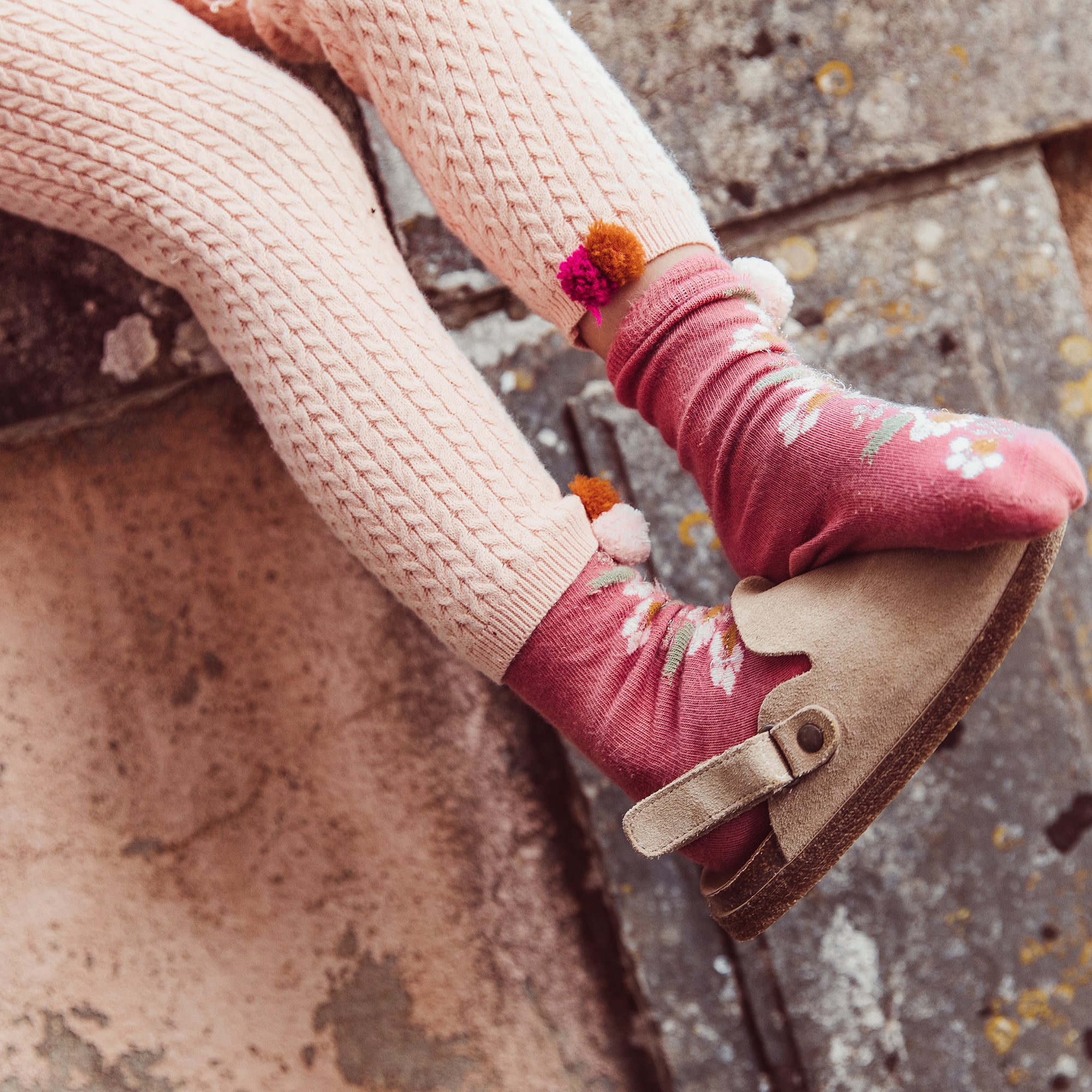 Girls Pink Flowers Cotton Socks