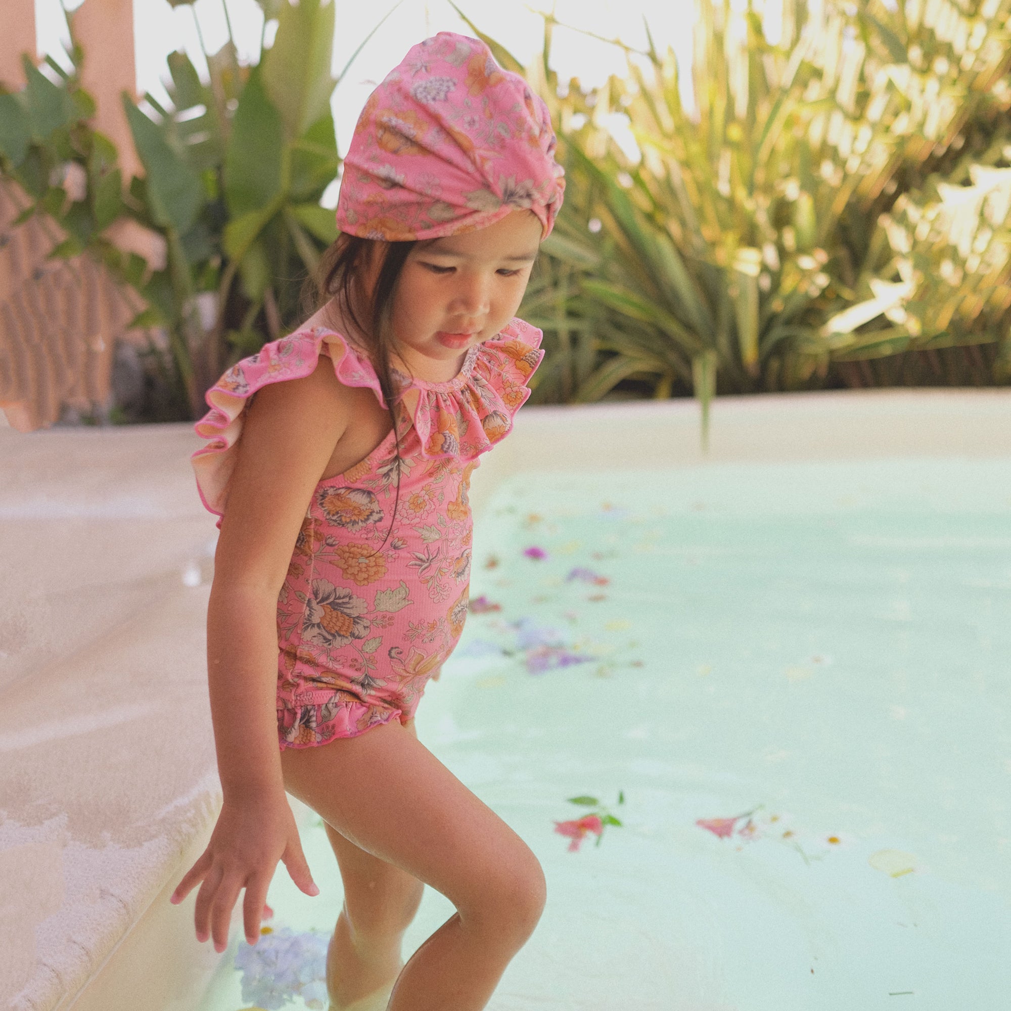 Girls Pink Flowers Swim Hat