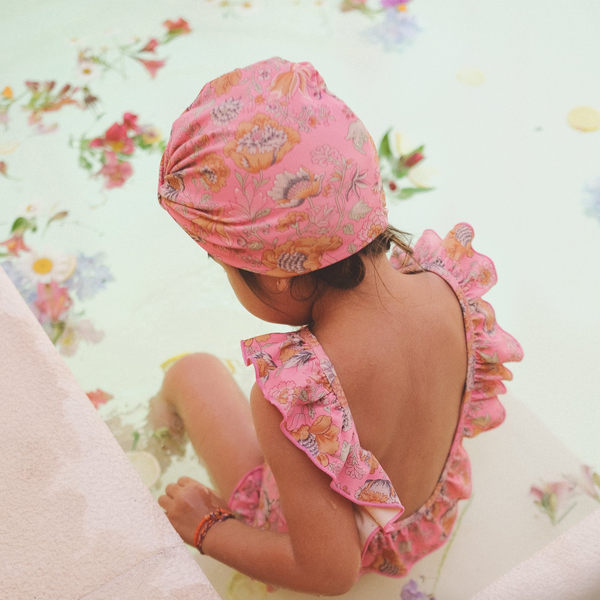 Girls Pink Flowers Swim Hat