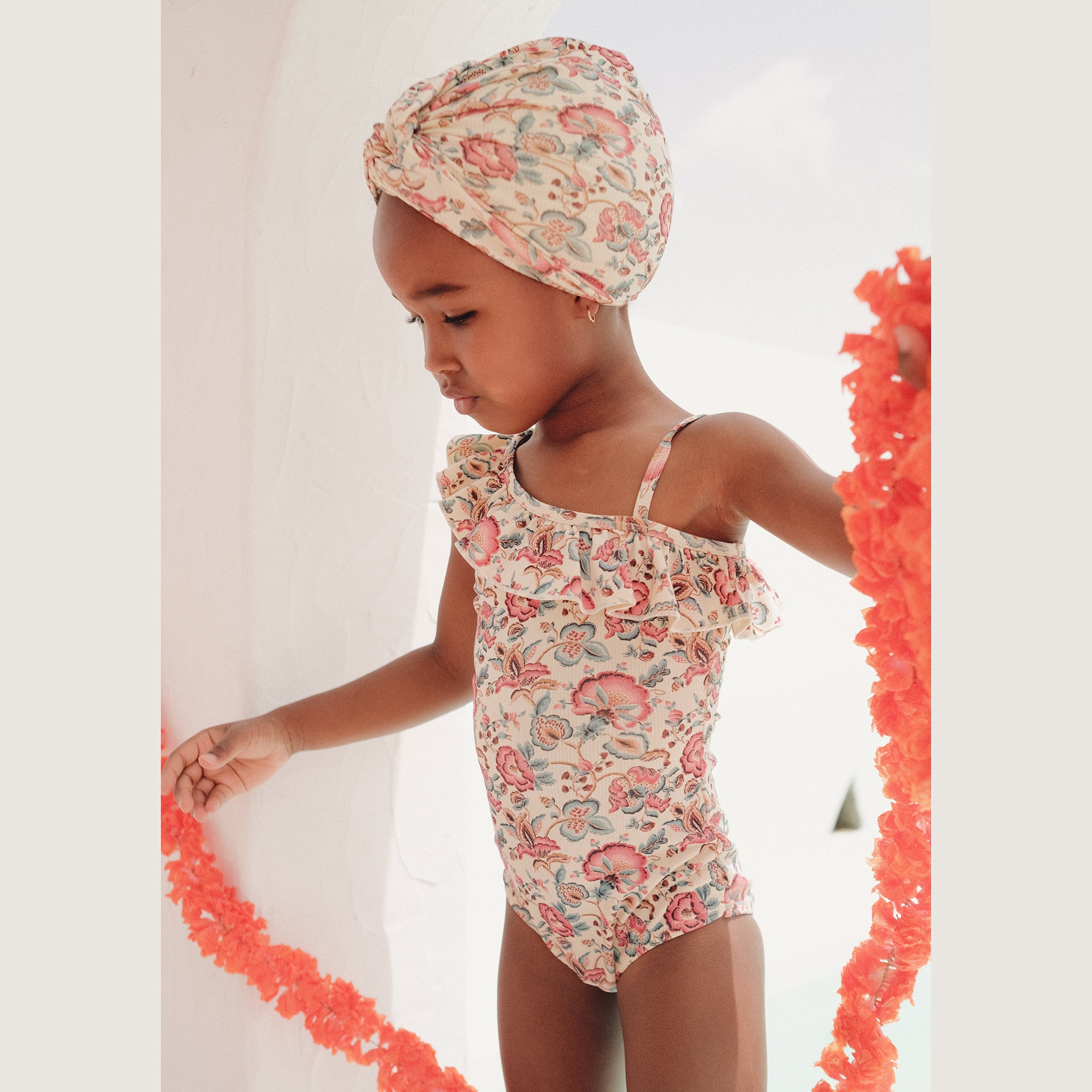 Girls White Flowers Swim Hat