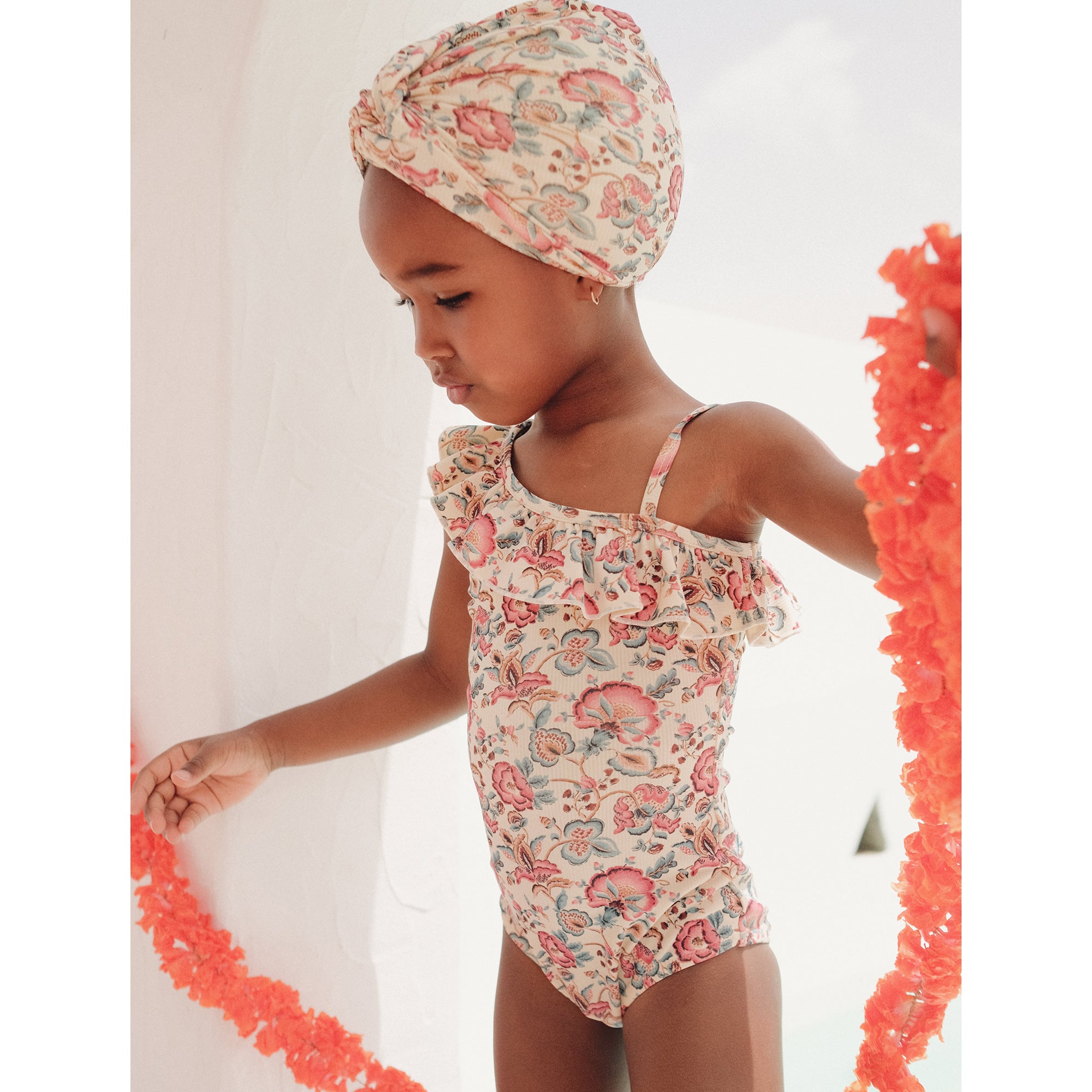 Girls White Flower Swimsuit