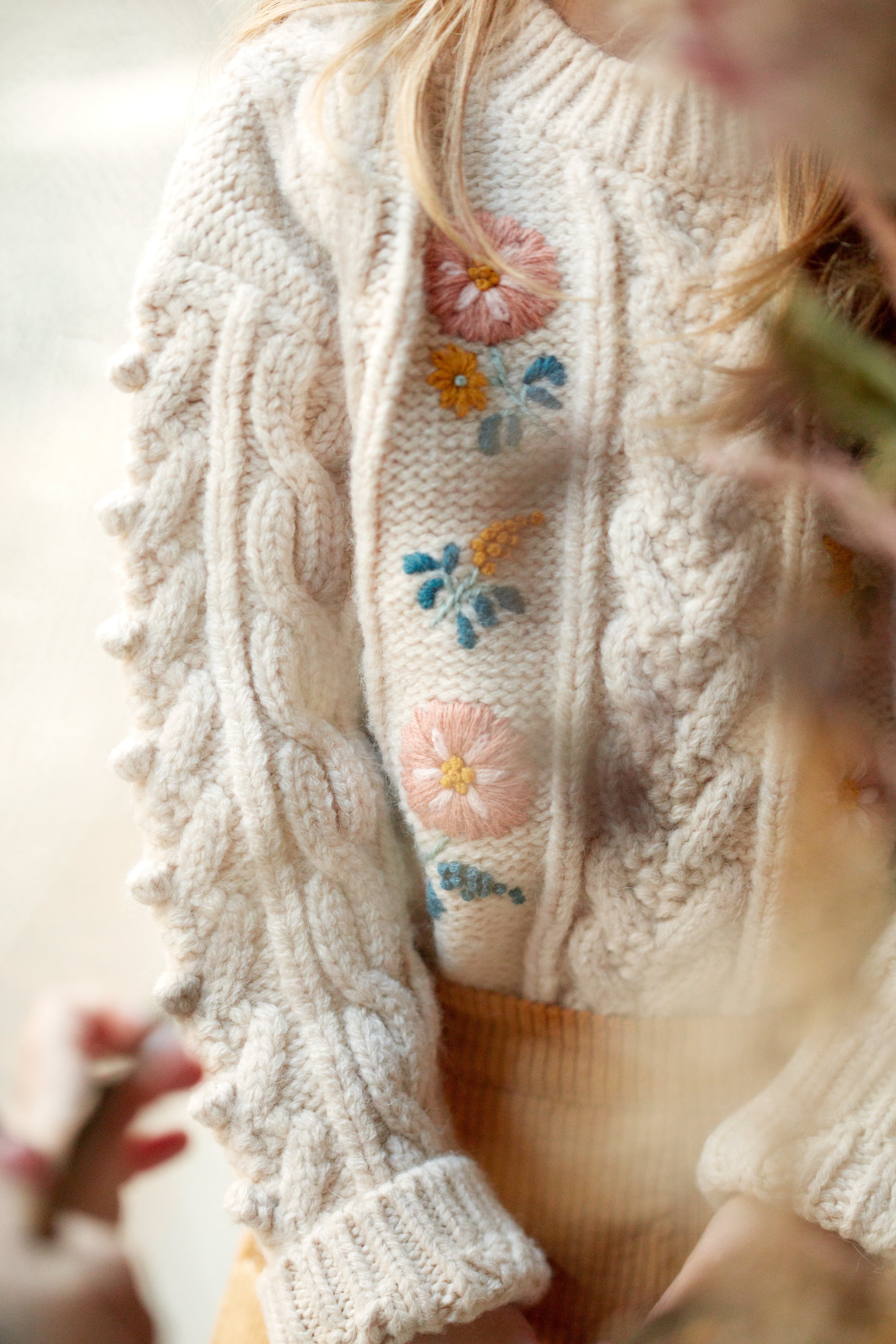 Girls White Embroidered Sweater