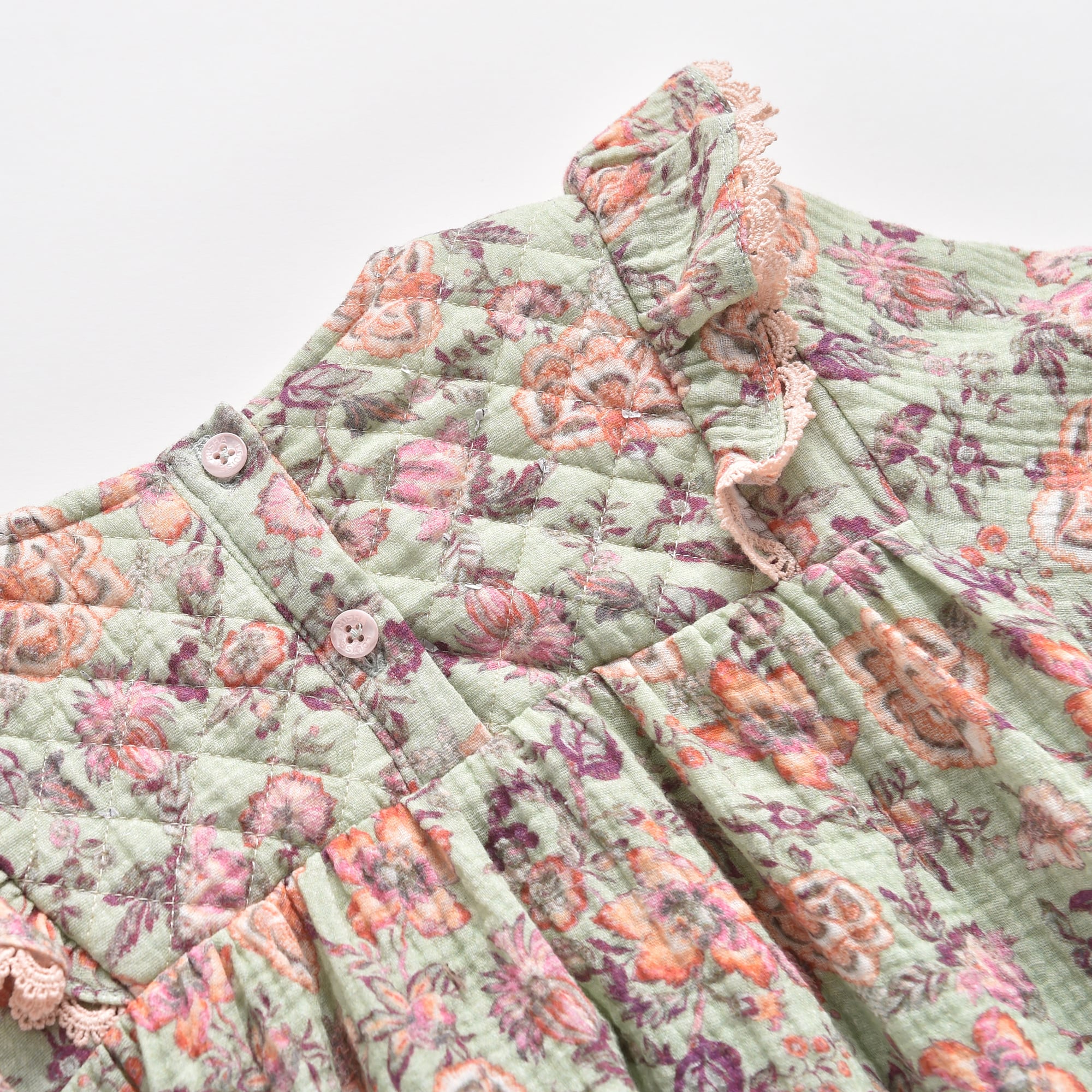 Girls Light Green Floral Cotton Dress