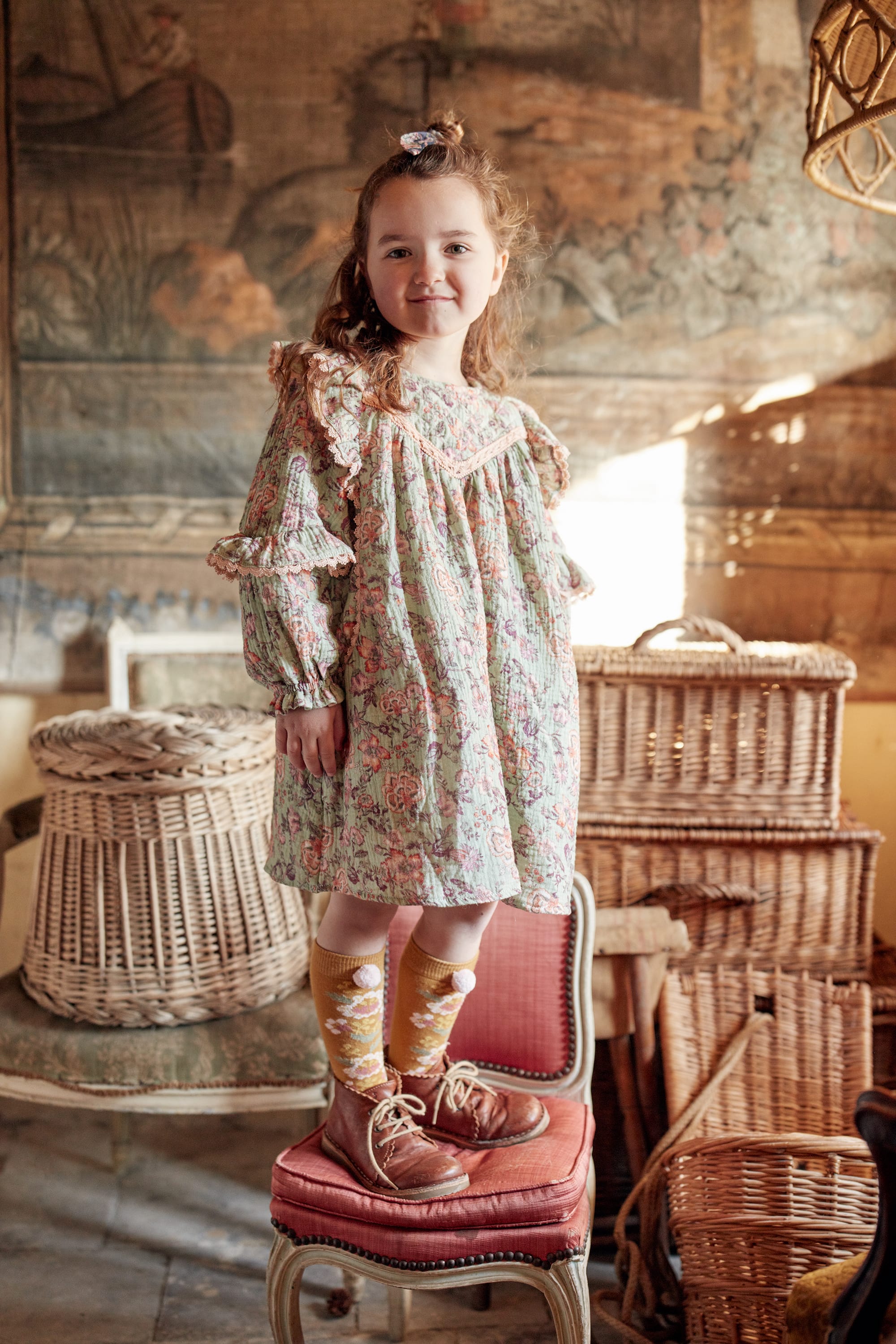Girls Light Green Floral Cotton Dress