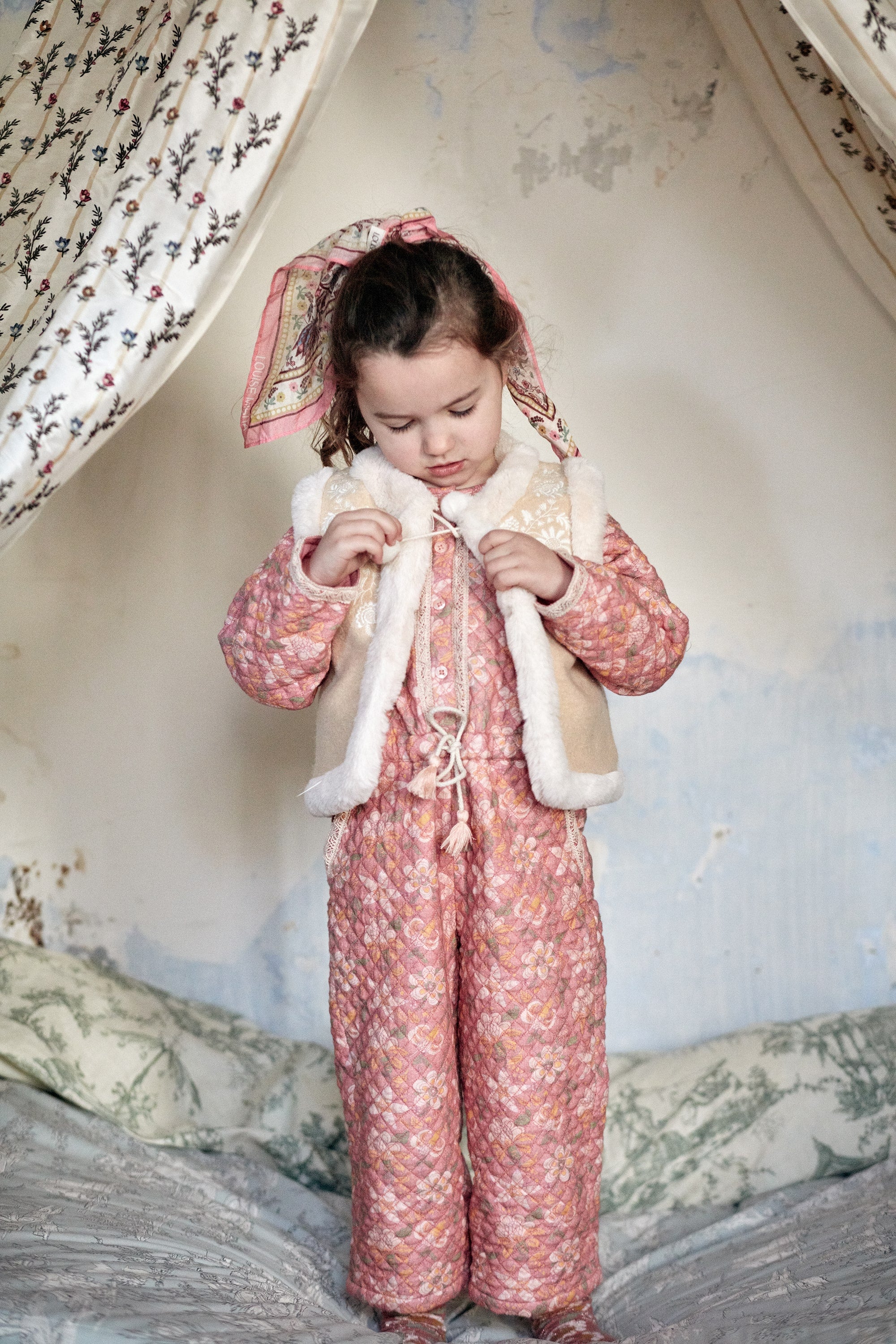 Girls Beige Embroidered Wool Gilet