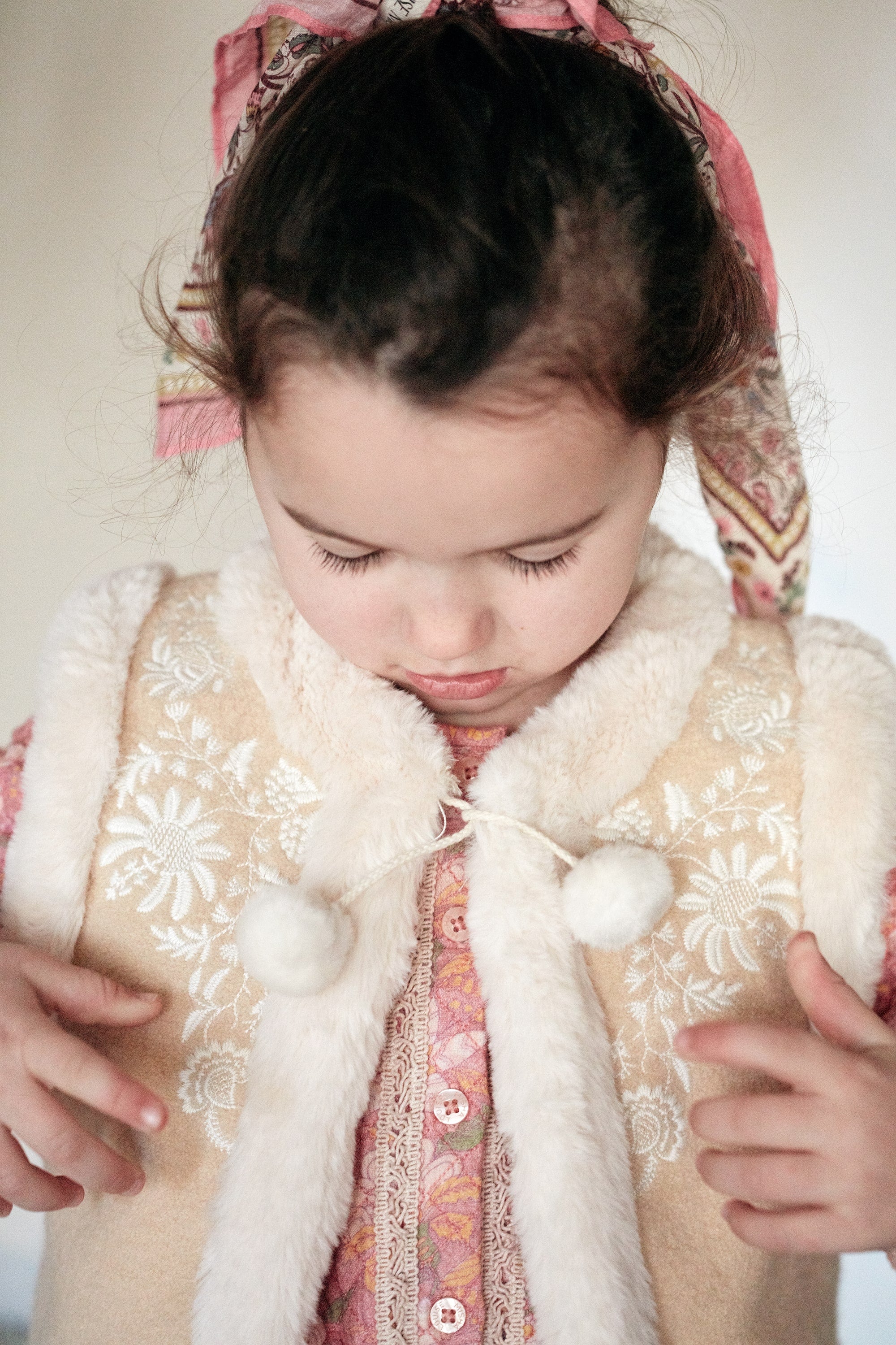 Girls Beige Embroidered Wool Gilet