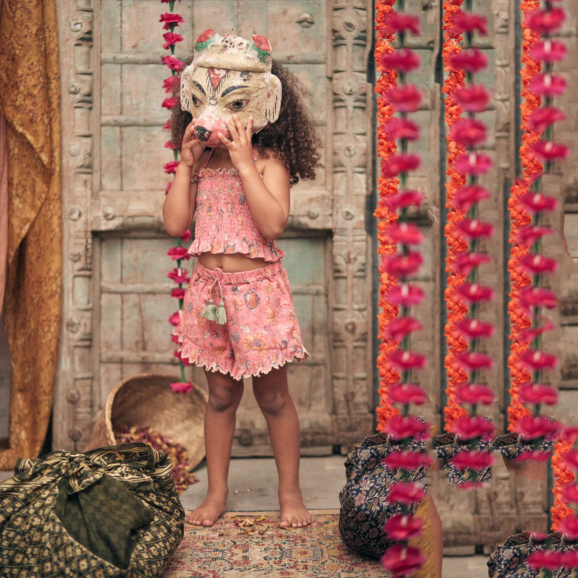 Girls Pink Flower Cotton Shorts