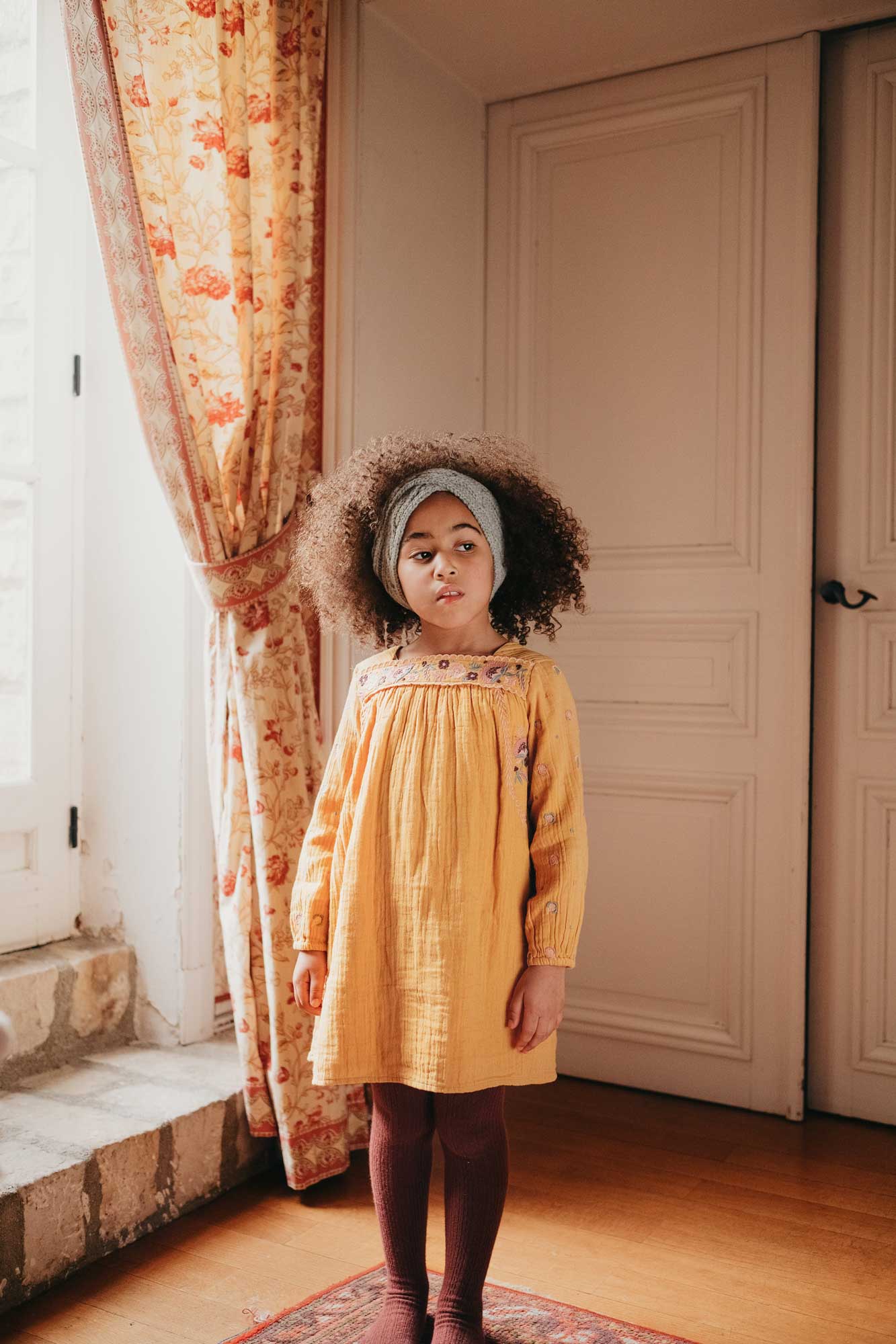 Girls Yellow Embroidered Cotton Dress