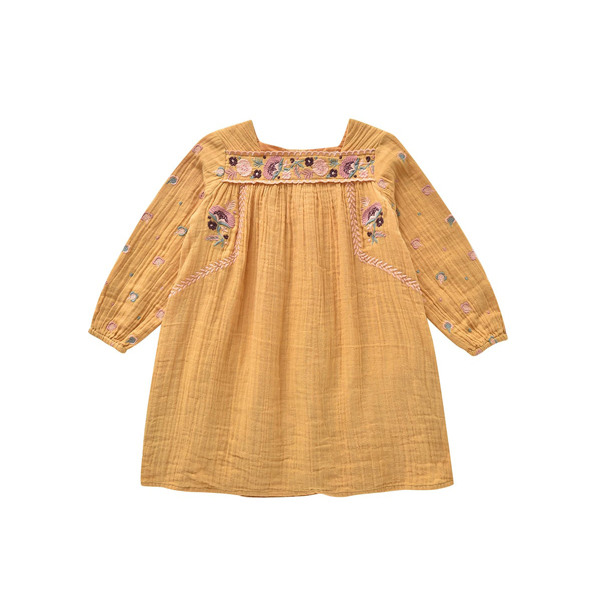 Girls Yellow Embroidered Cotton Dress