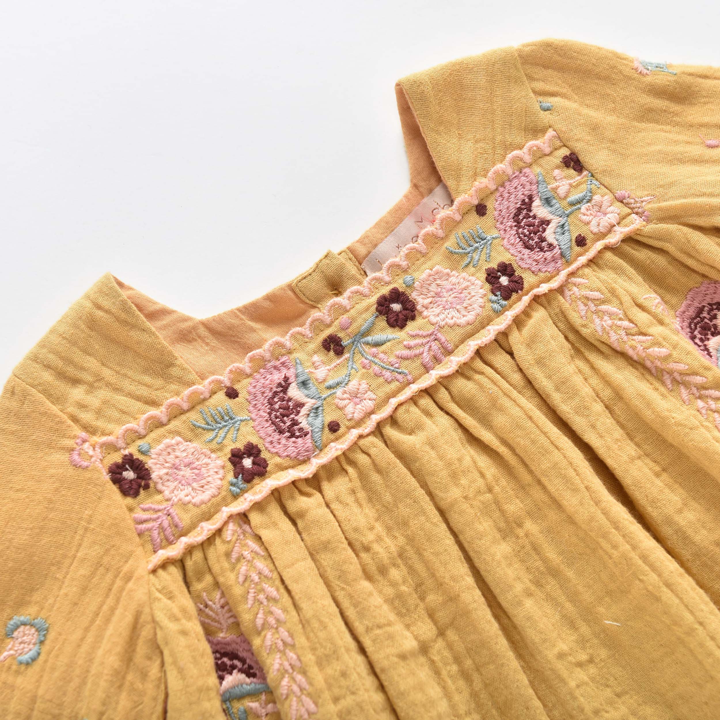 Girls Yellow Embroidered Cotton Dress