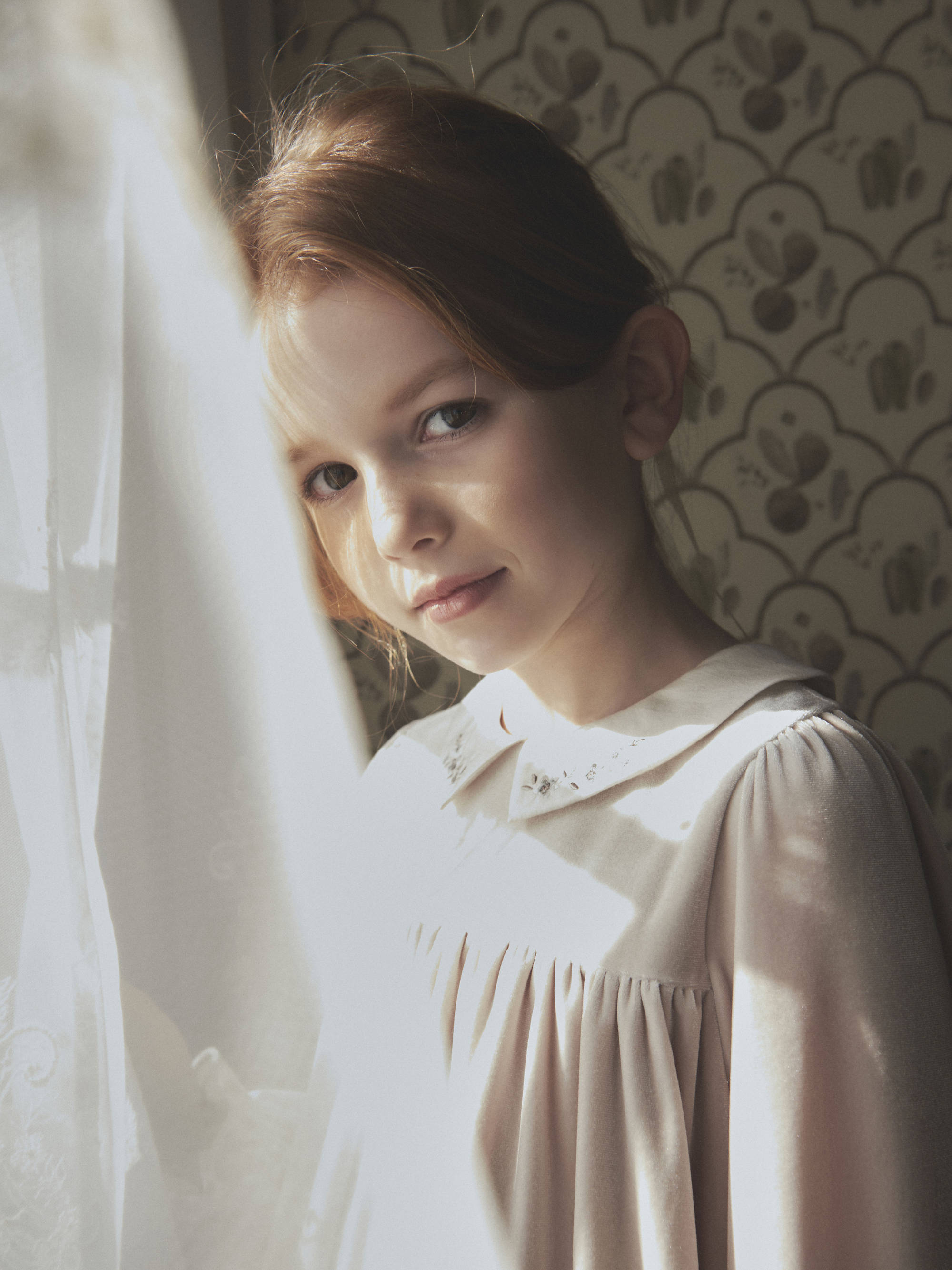 Girls Beige Embroidered Collar Velvet Dress