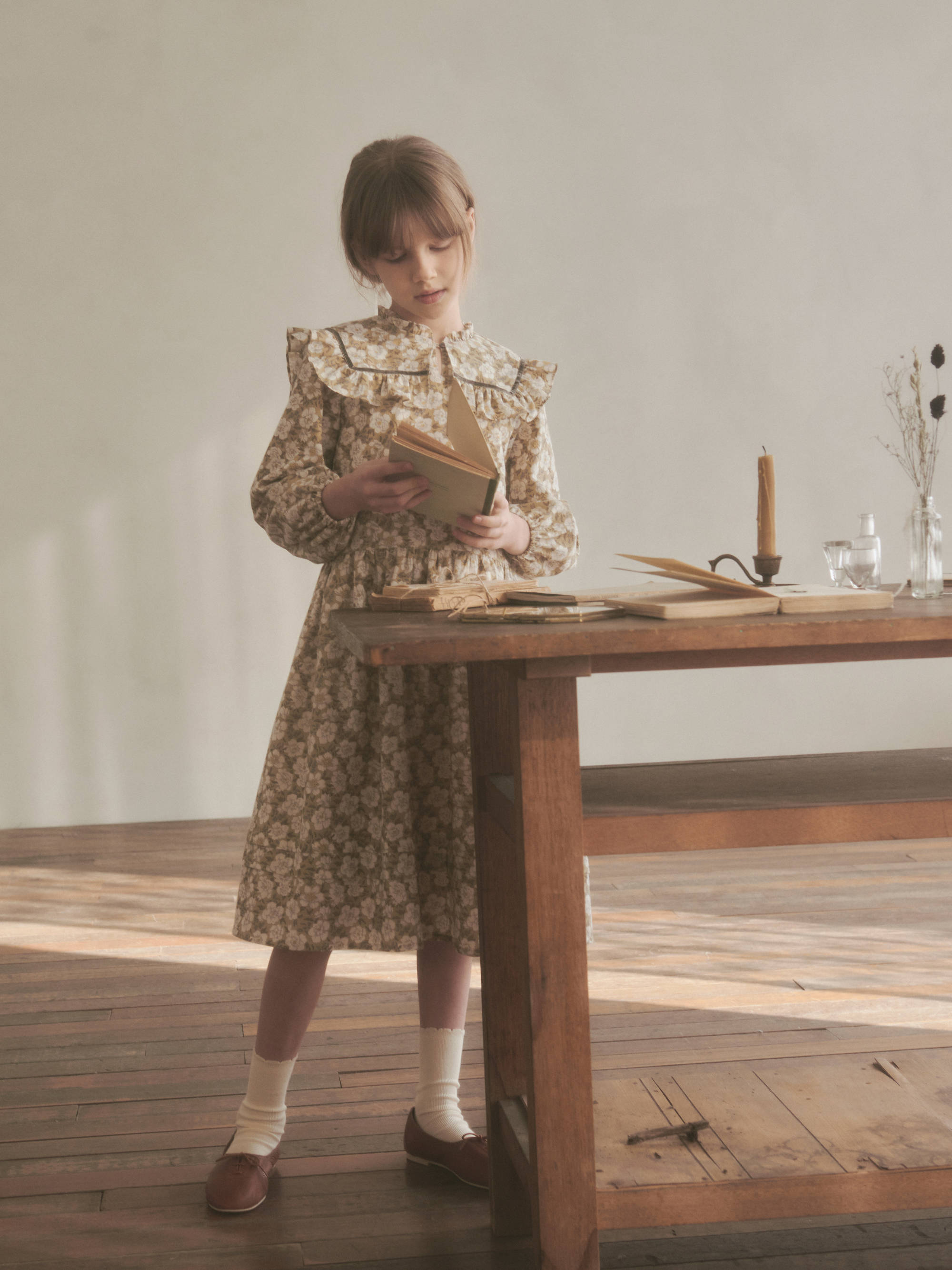 Girls Olive Floral Cotton Dress