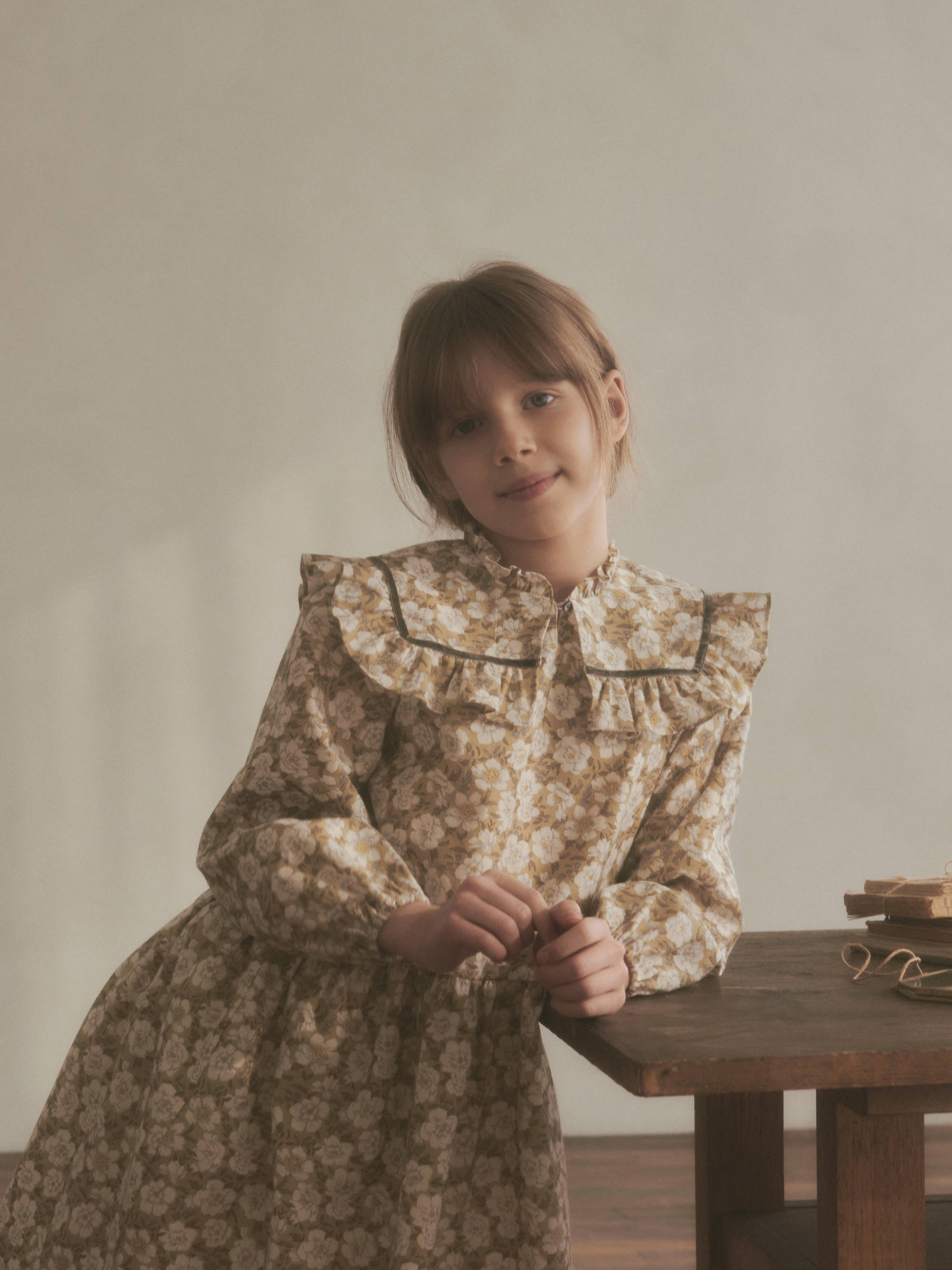 Girls Olive Floral Cotton Dress