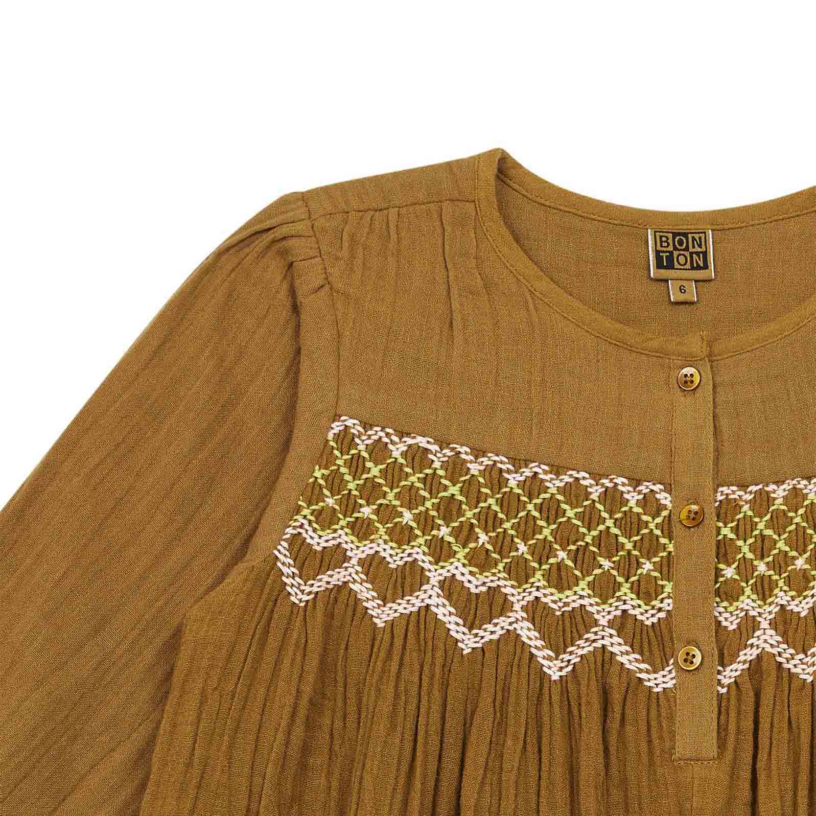 Girls Caramel Embroidered Cotton Dress