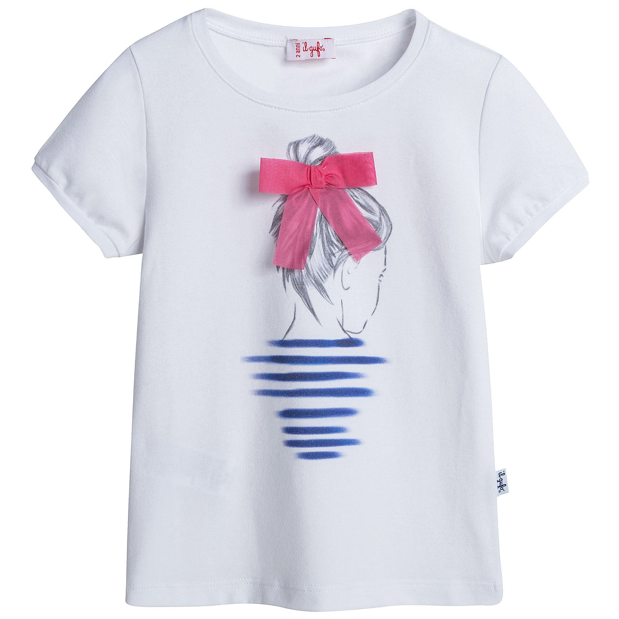 Girls White Cotton Jersey T-Shirt With Dark Pink Bow - CÉMAROSE | Children's Fashion Store - 1