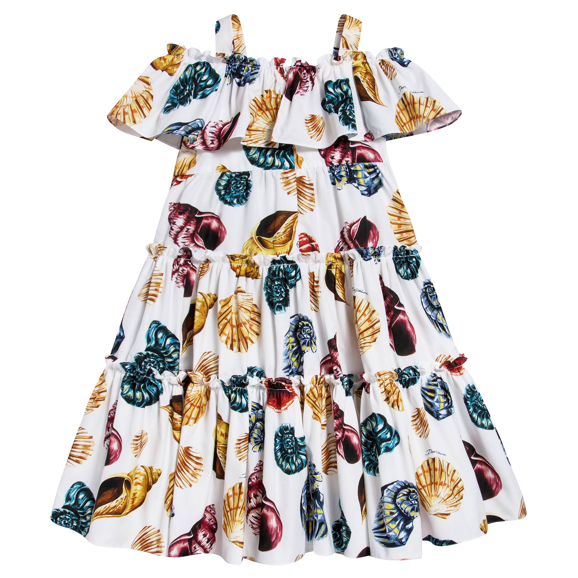Girls White Shell Printed Cotton Dress