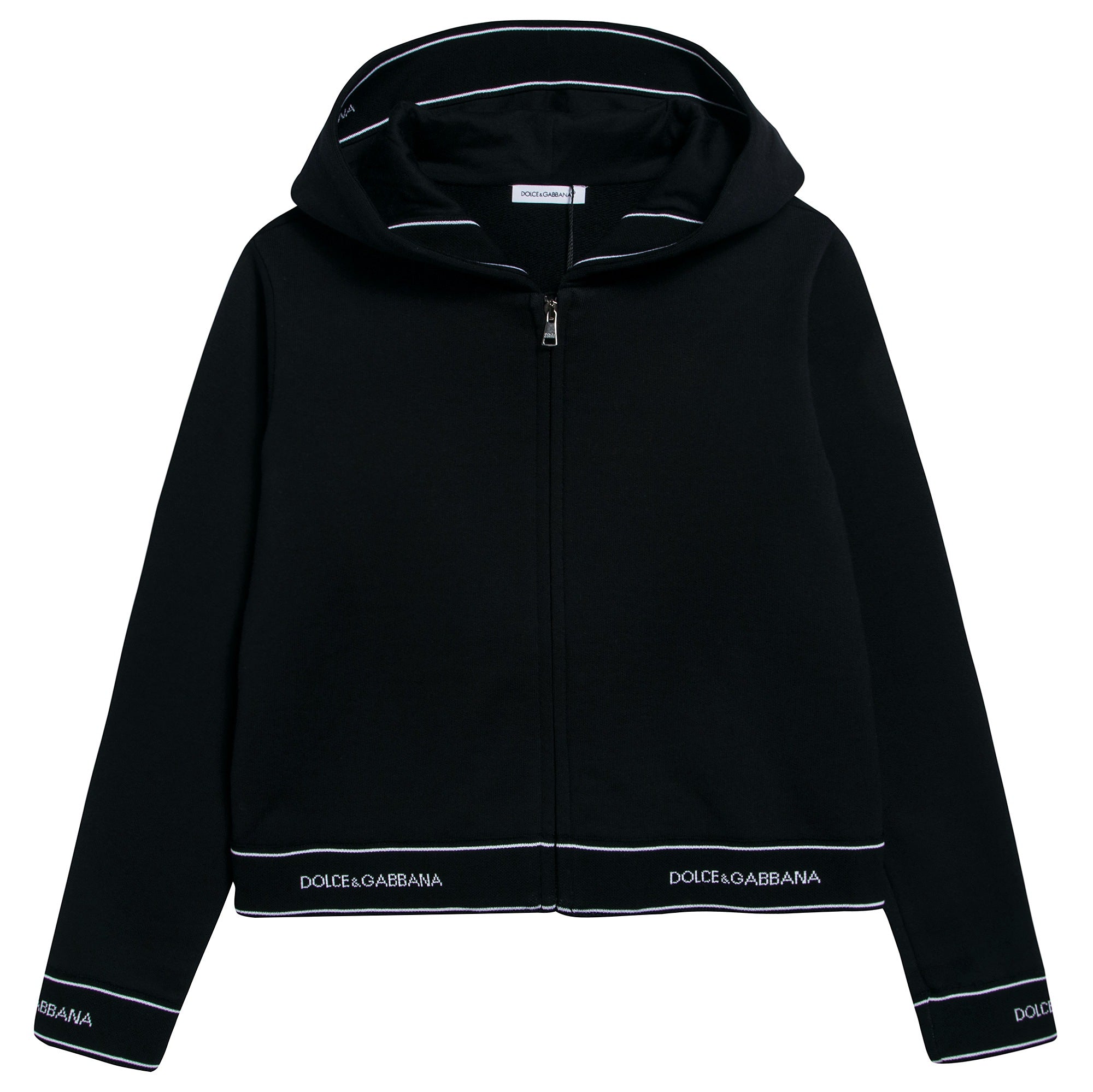 Girls Black Logo Cotton Zip-up Top