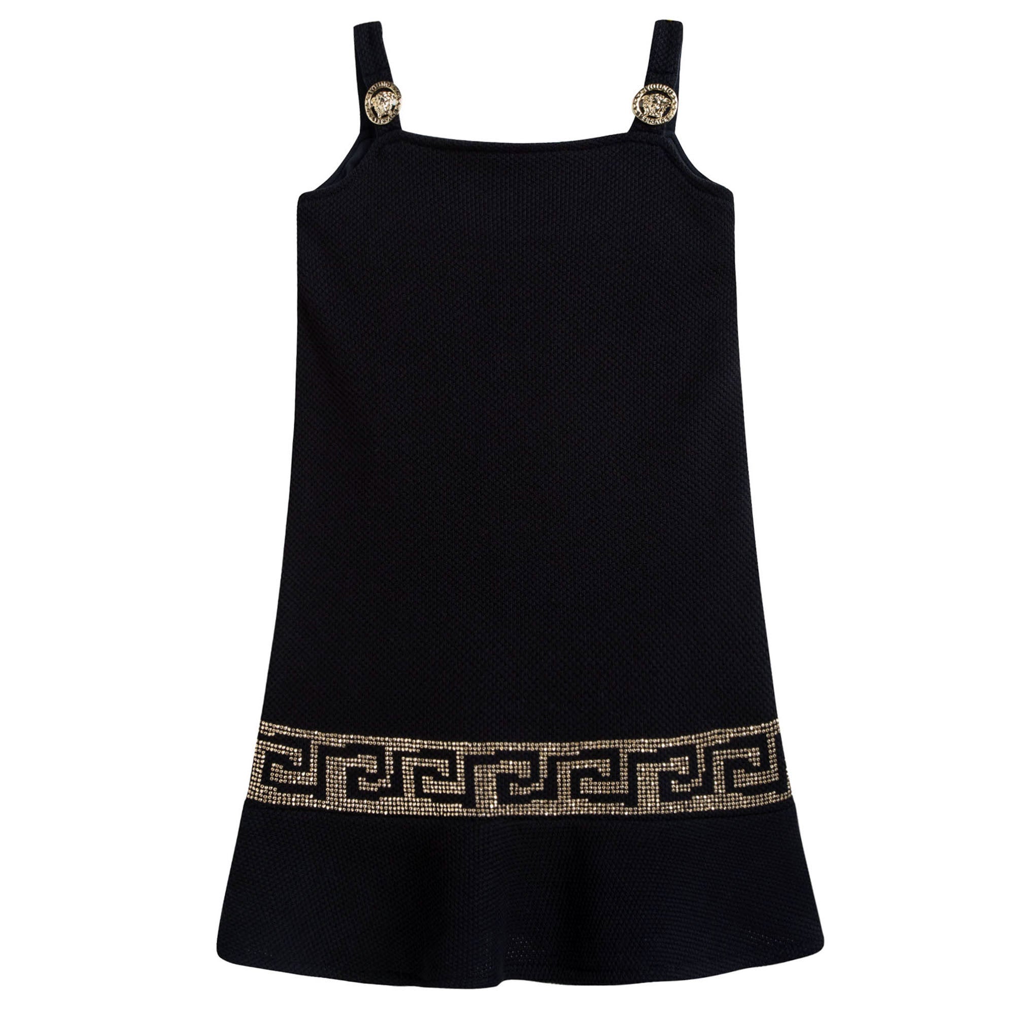 Girls Navy Blue Cotton Dress With Gold Rhinestone Trims