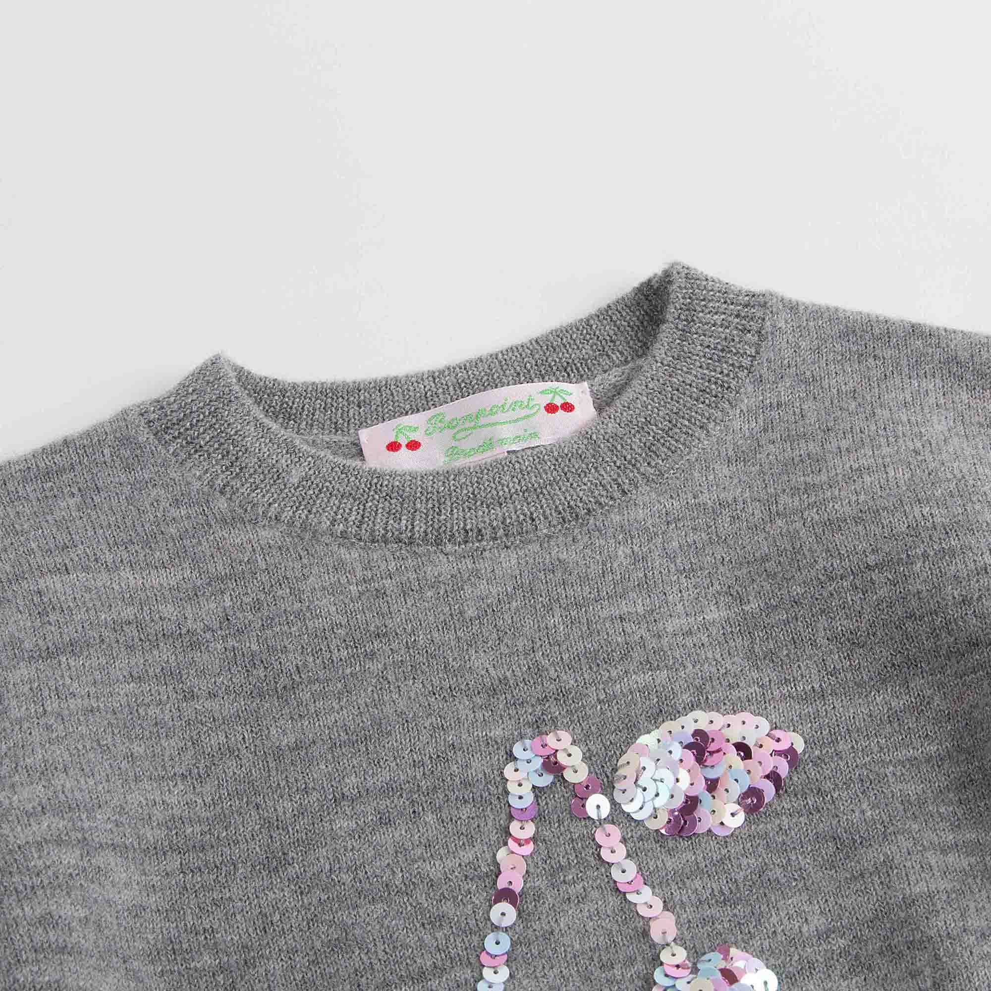Girls Grey Embroidered Sequins Wool Sweater - CÉMAROSE | Children's Fashion Store - 3