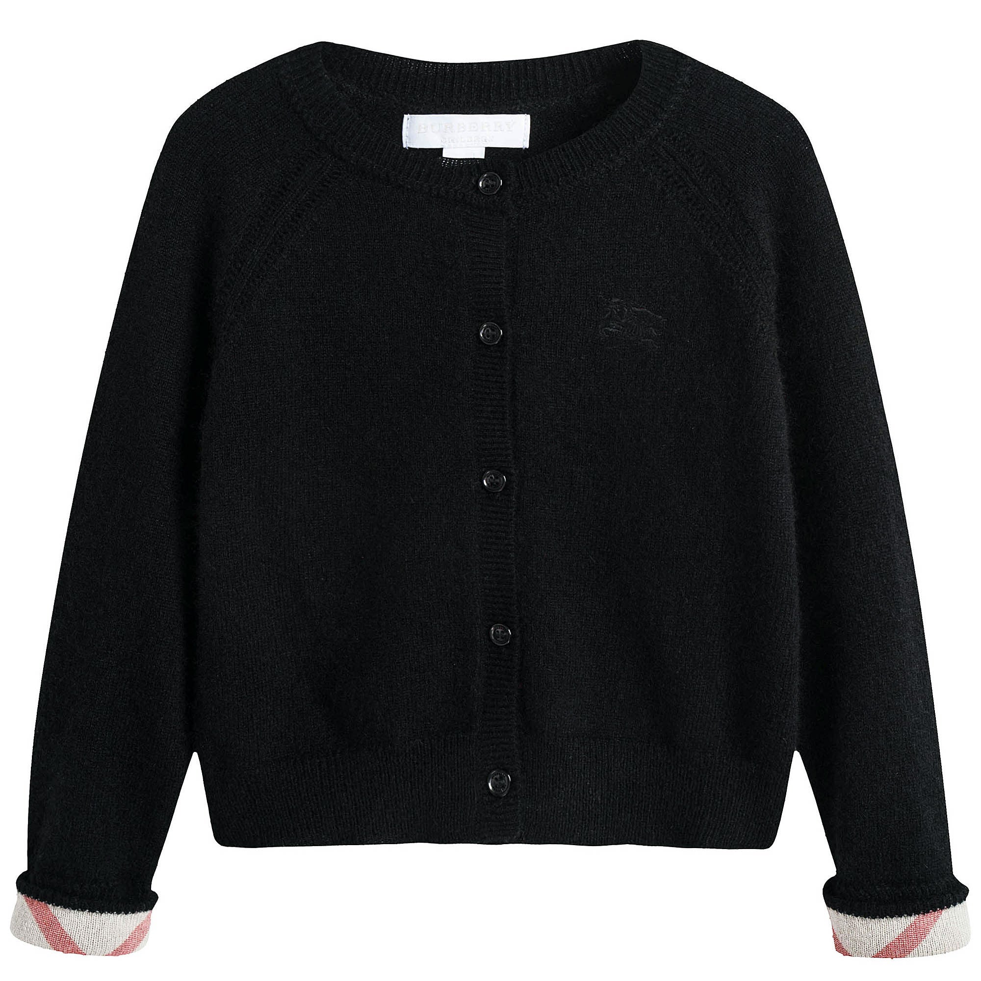 Girls Black Cotton Cardigan with Check Cuffs - CÉMAROSE | Children's Fashion Store - 1