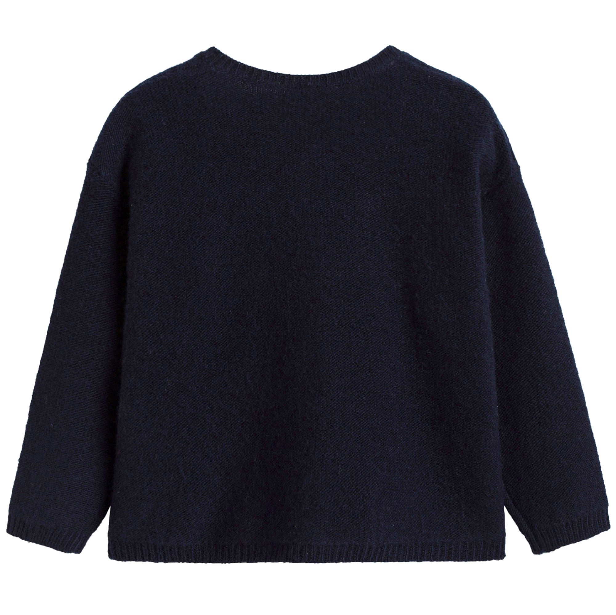 Girls Navy Blue Wool Cardigan With Pom-Pom Trims