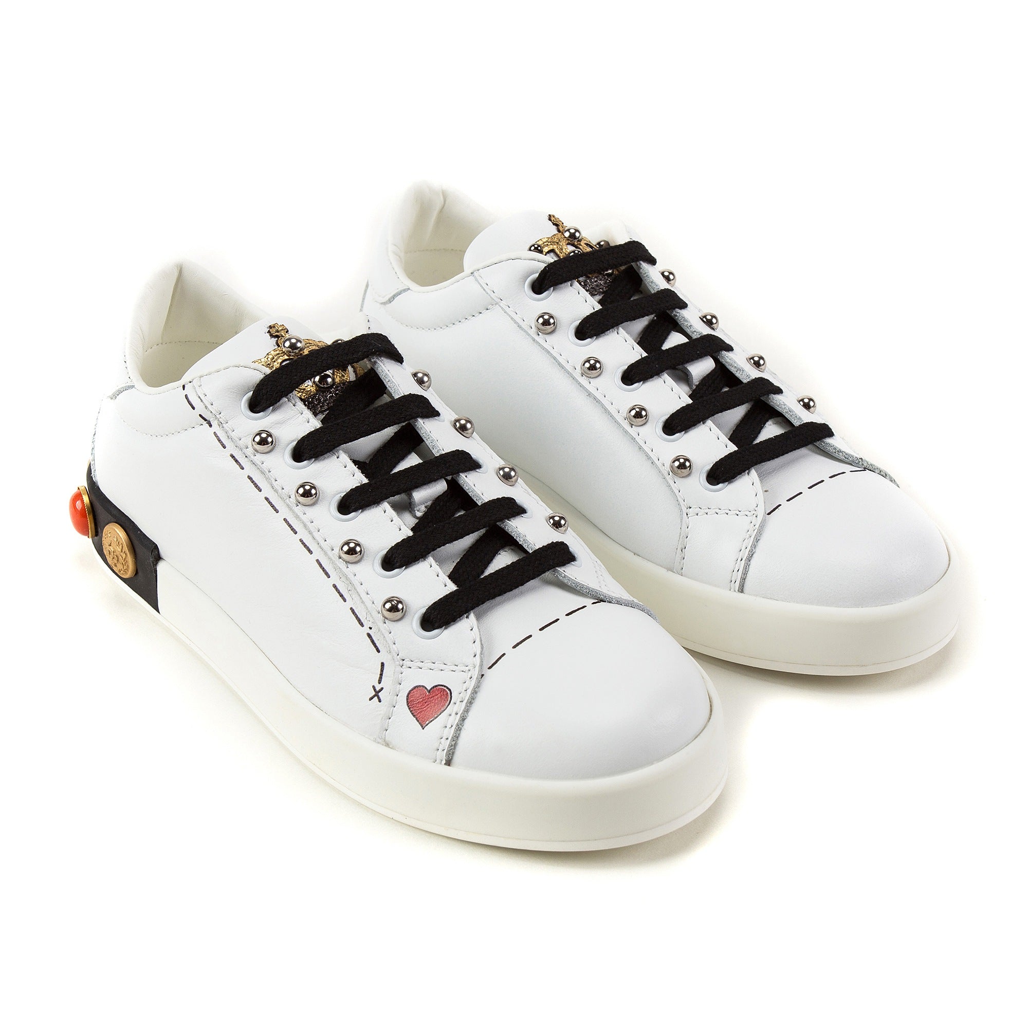 Girls White Leather Trainers With Crown Trim