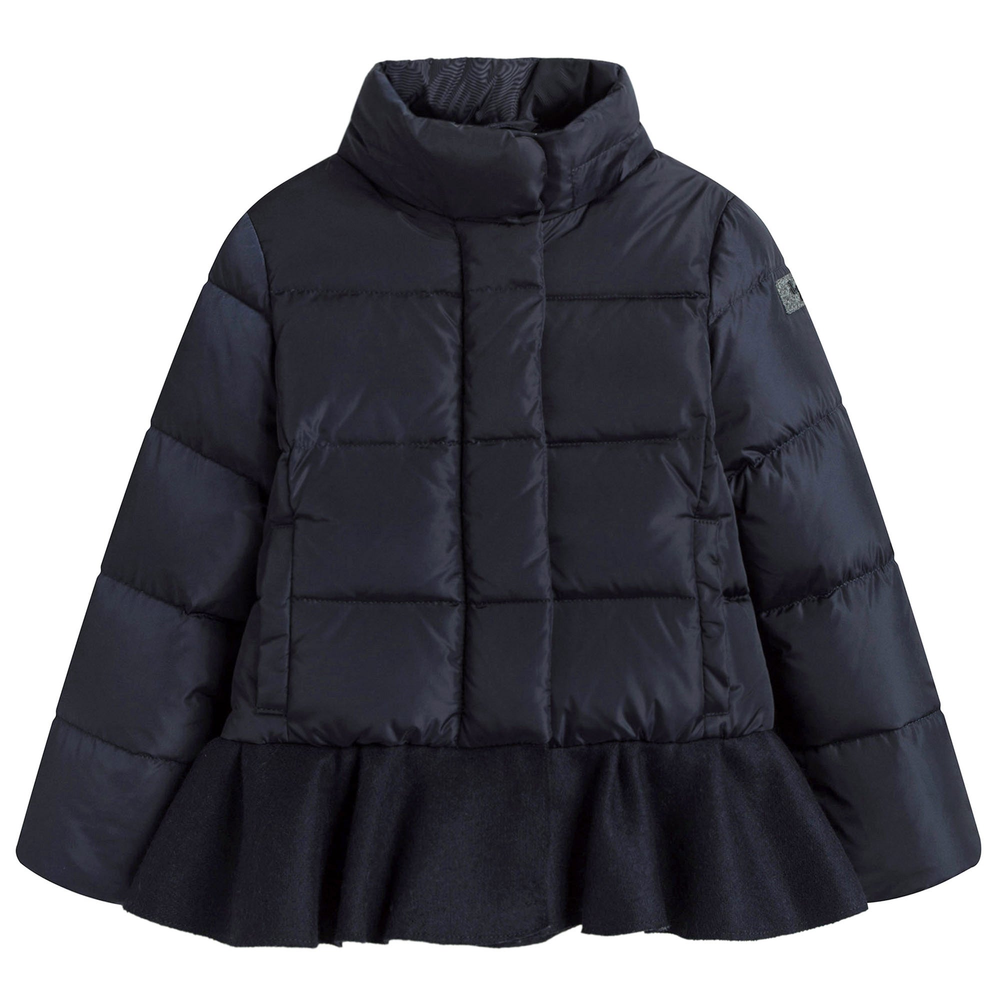 Girls Navy Blue Ruffled Down Padded Jacket