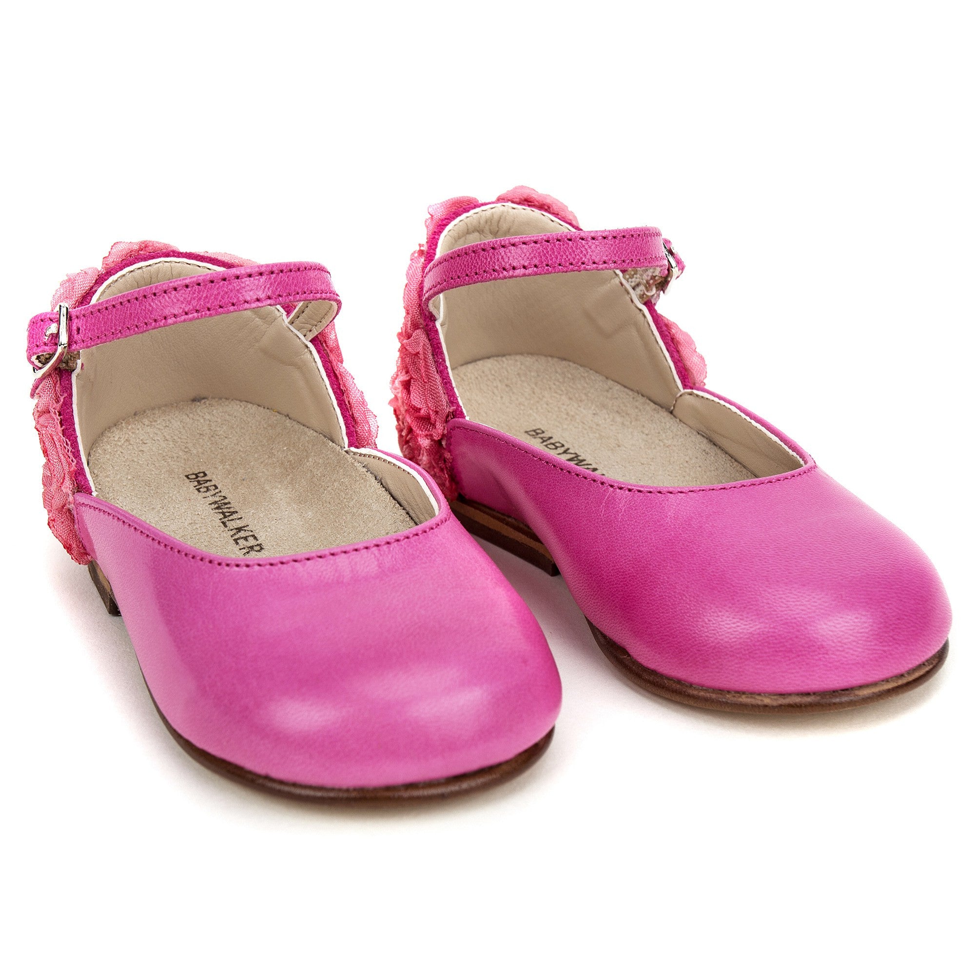 Girls Fuchsia Chiffon Flowers Embellished Heel Leather Ballerinas