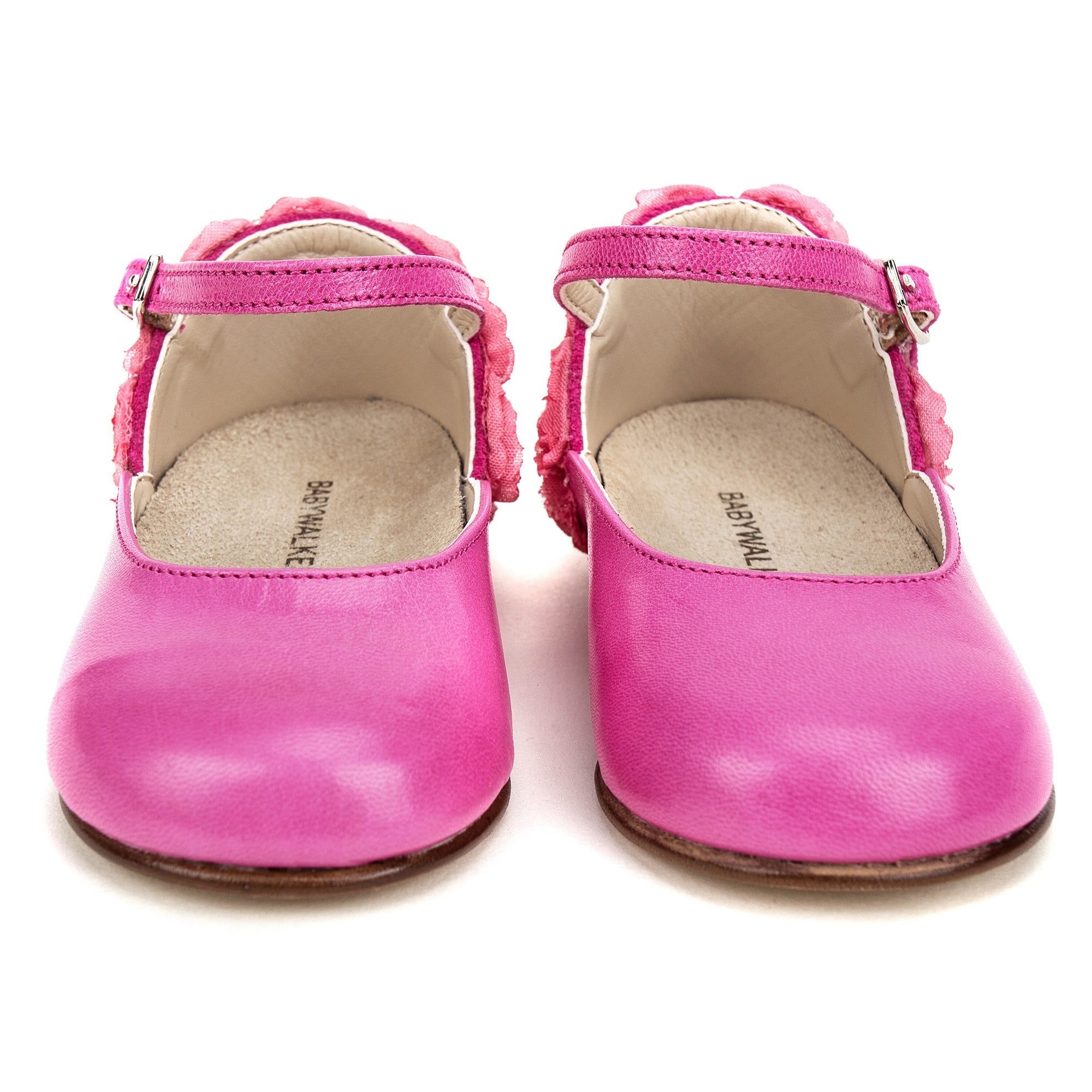 Girls Fuchsia Chiffon Flowers Embellished Heel Leather Ballerinas