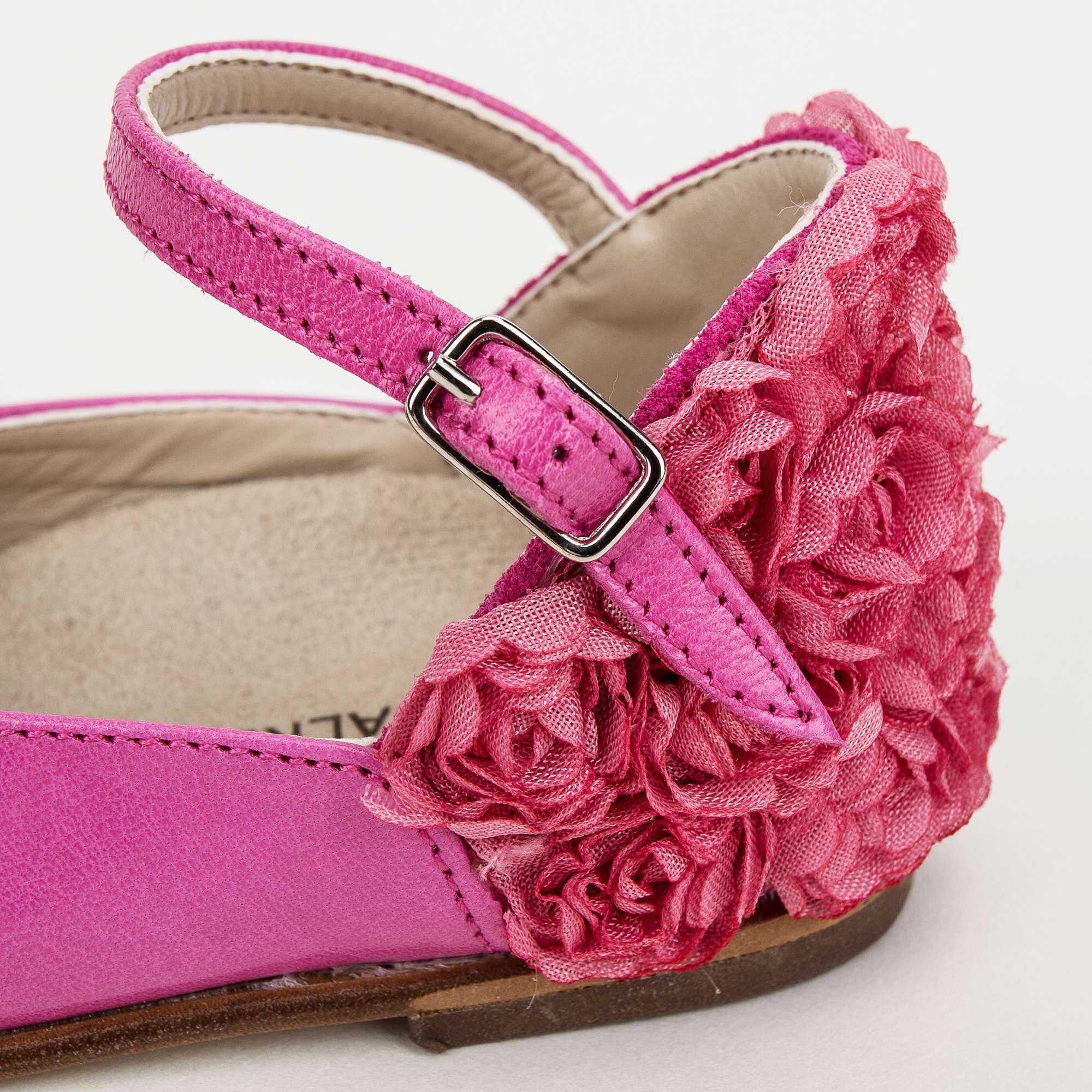 Girls Fuchsia Chiffon Flowers Embellished Heel Leather Ballerinas