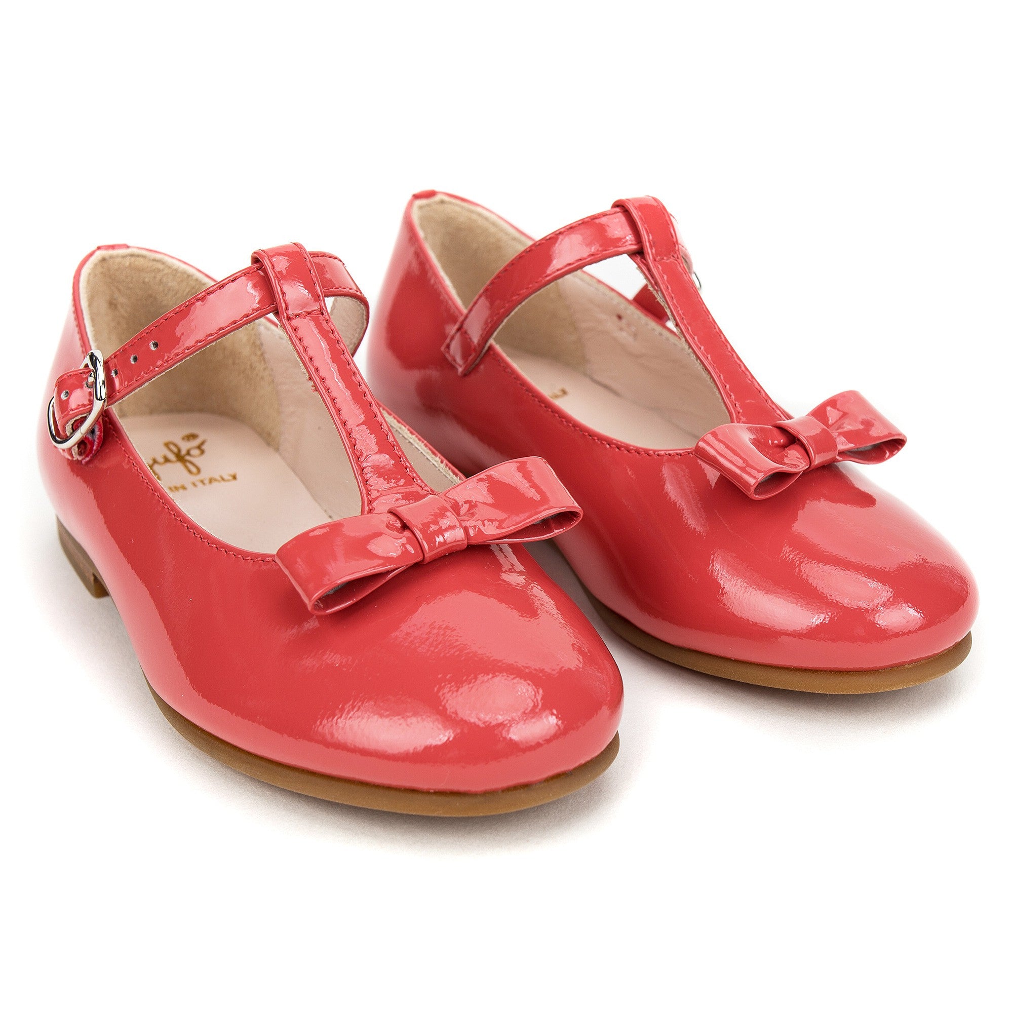 Girls Red Patent Leather T-Bar Shoes With Bow Trims