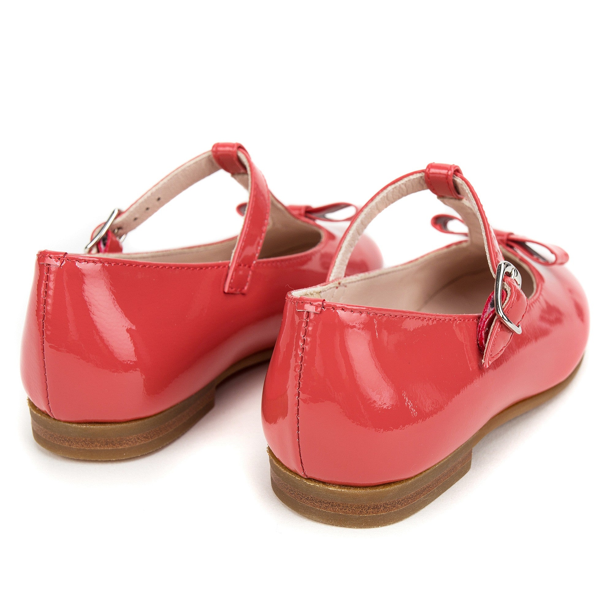 Girls Red Patent Leather T-Bar Shoes With Bow Trims
