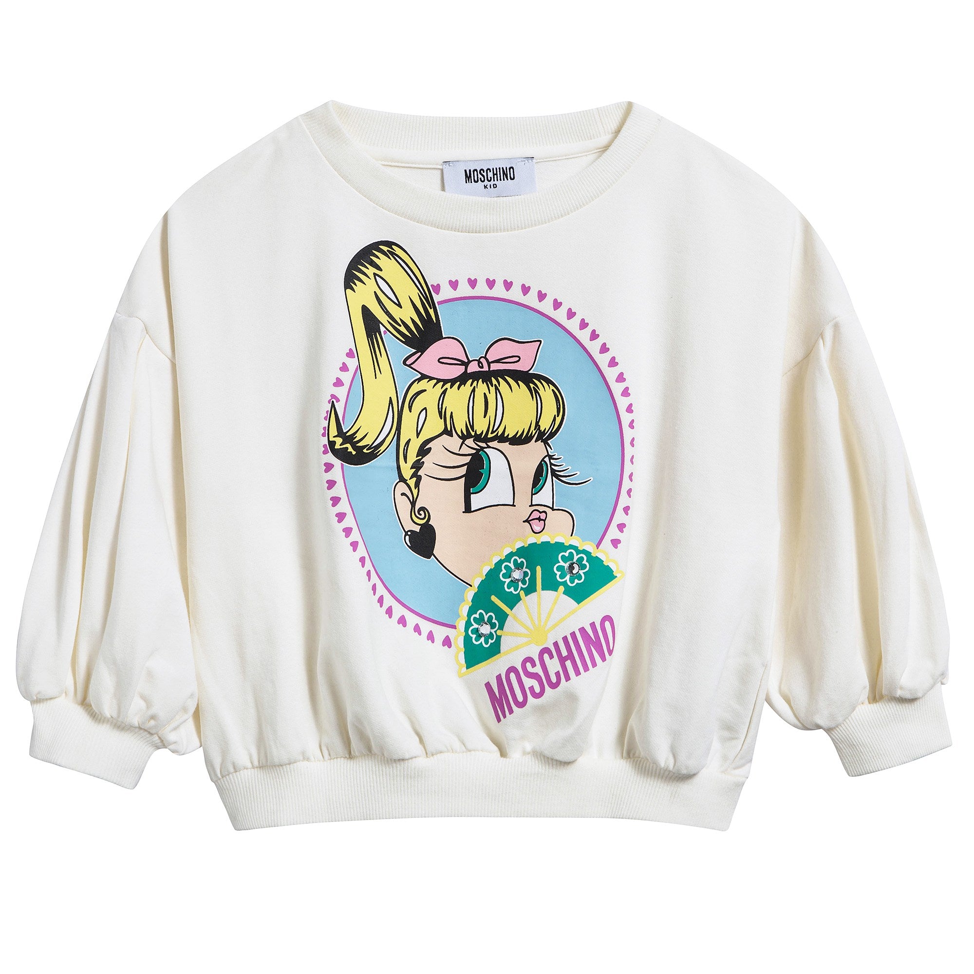 Girls White Cotton Printed Plush Sweater