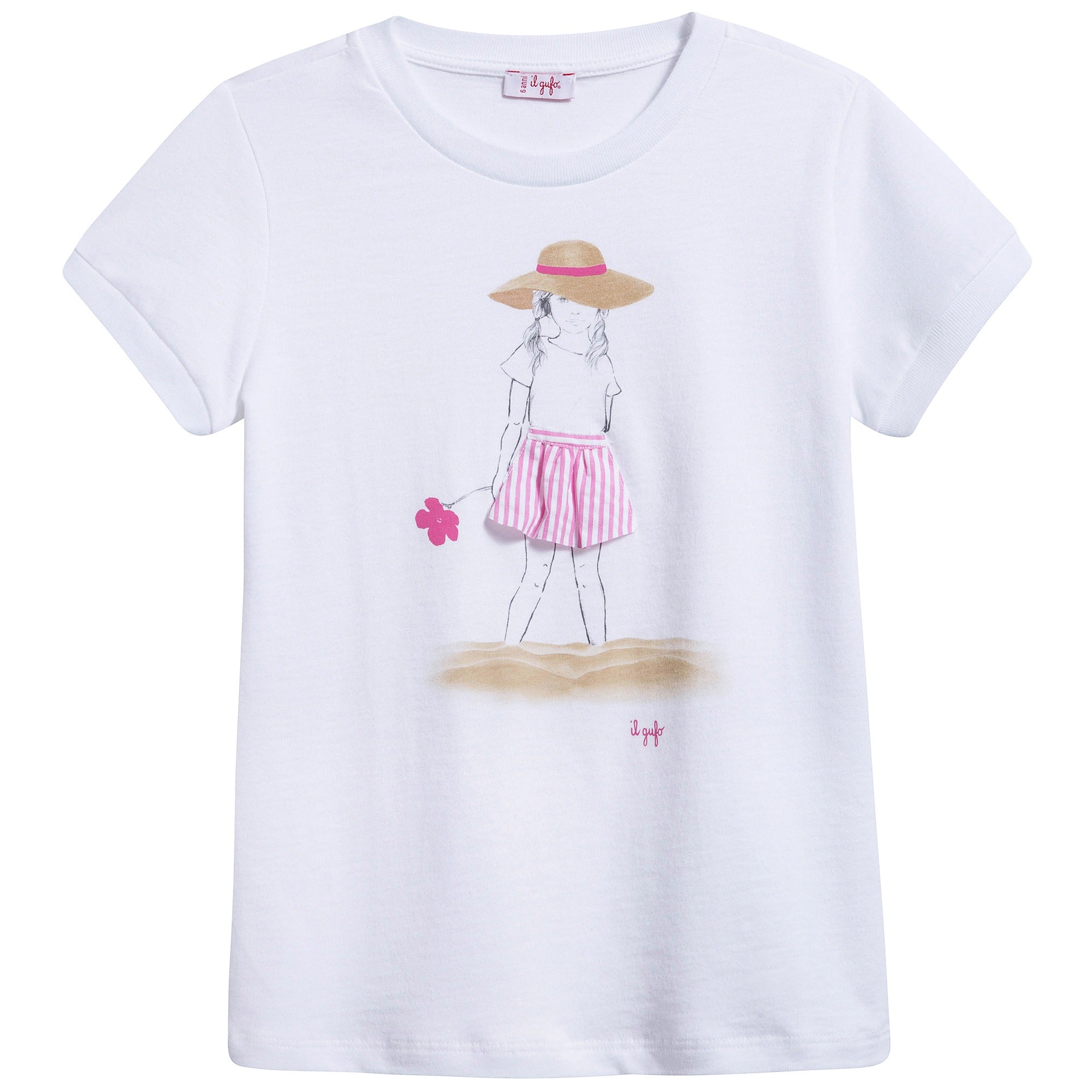 Girls White & Azalea Pink Printed Cotton T-shirt