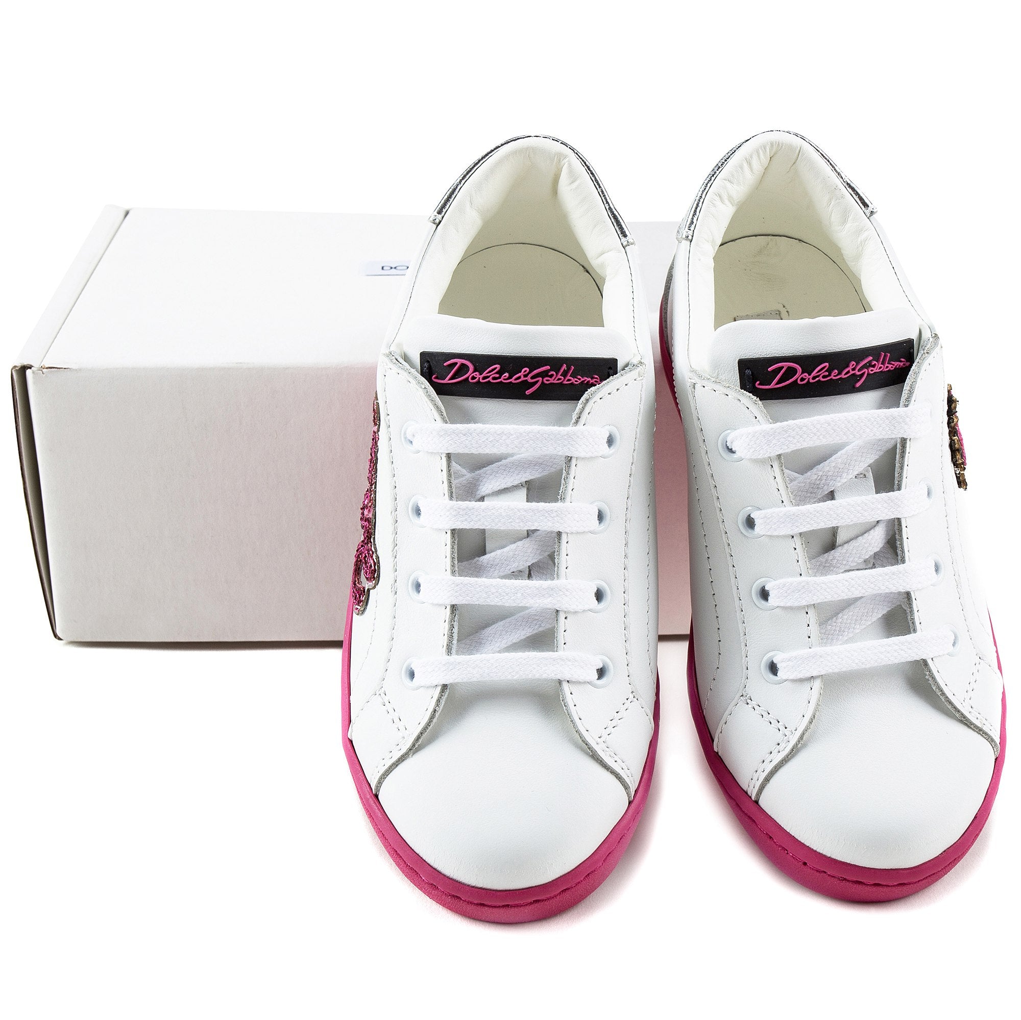 Girls White Leather Whit Pink Logo Shoes