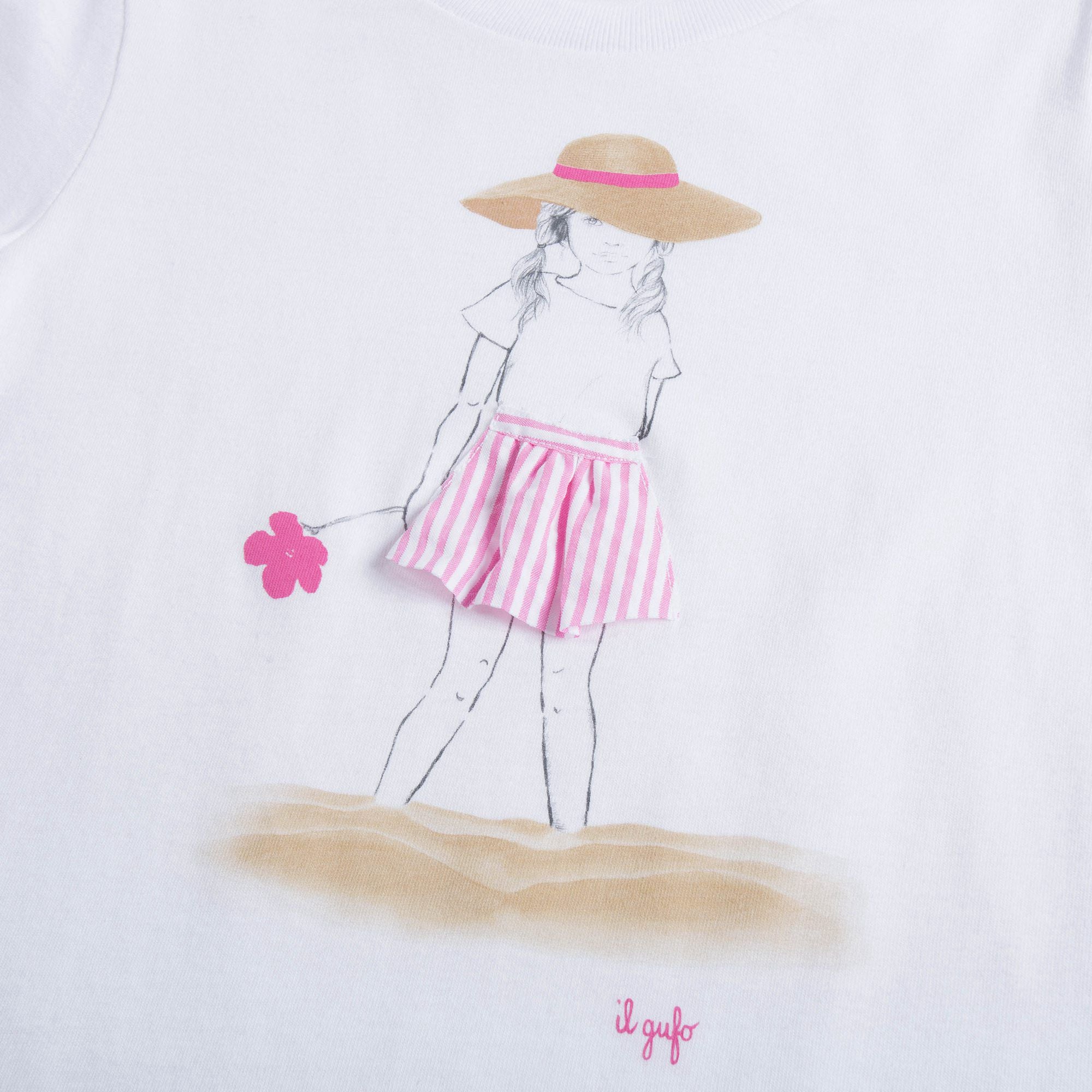 Girls White & Azalea Pink Printed Cotton T-shirt