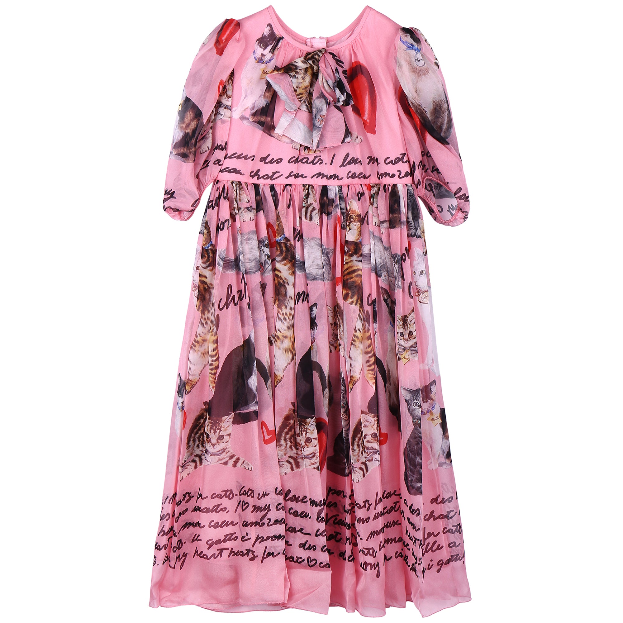 Girls Pink Cat Printed Silk Dress
