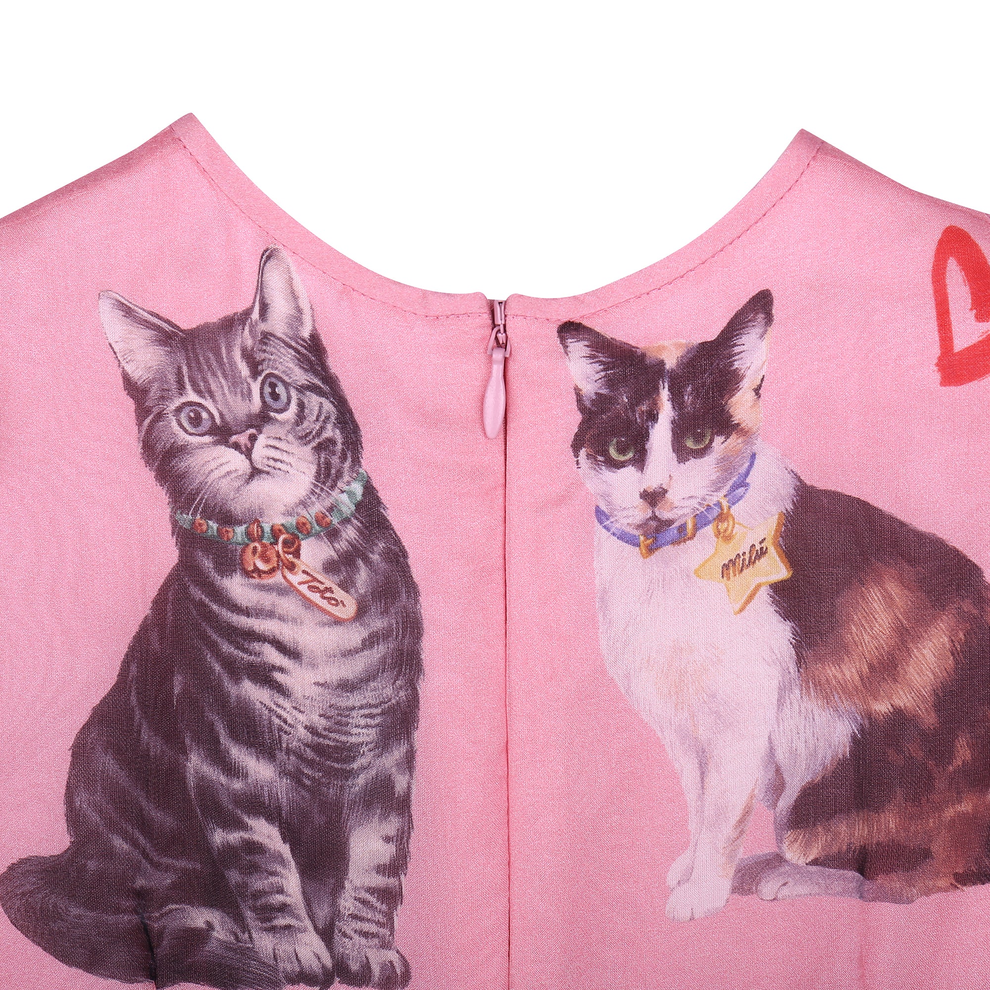Girls Pink Cat Printed Silk Dress