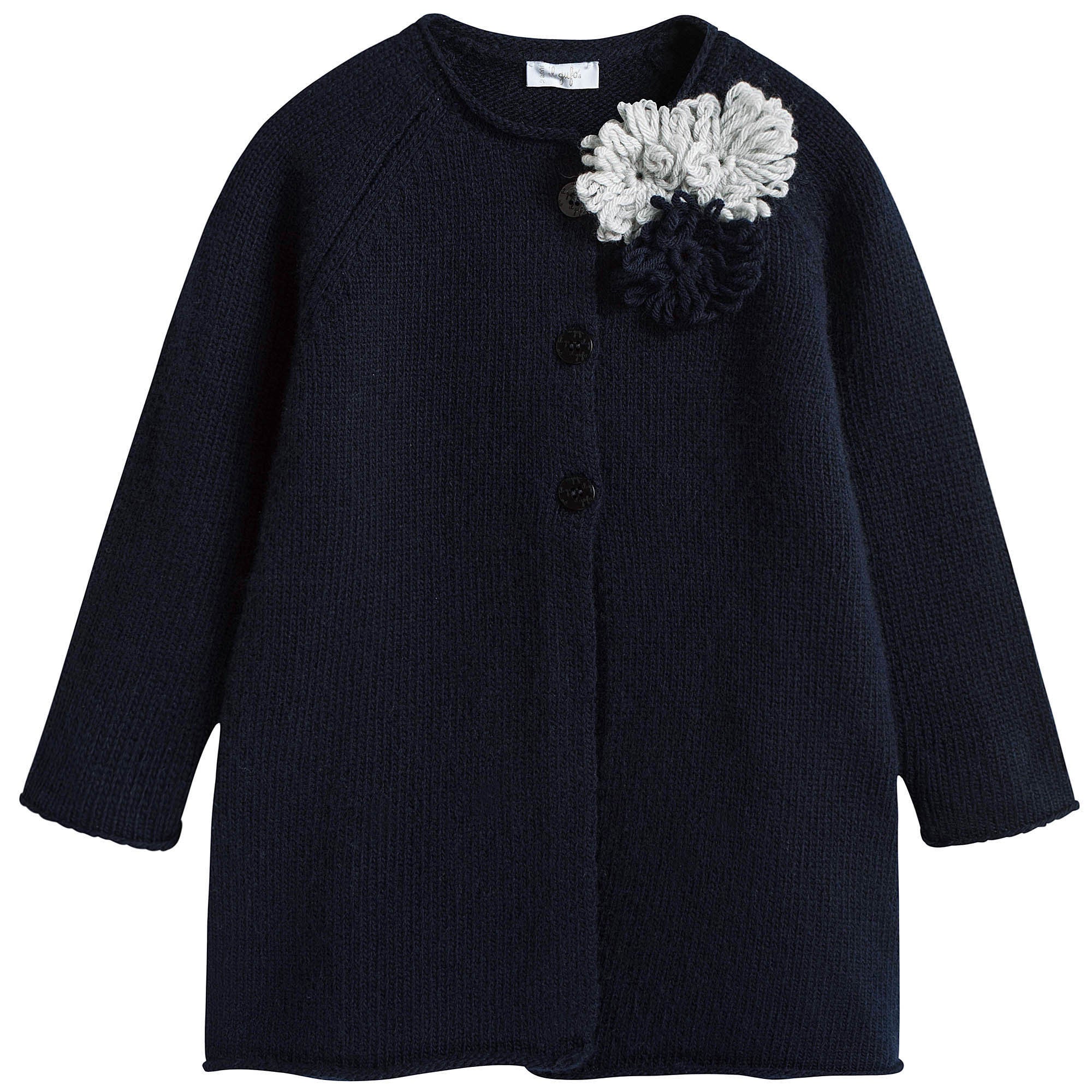 Girls Navy Blue Patch Flower Trims Wool Cardigan