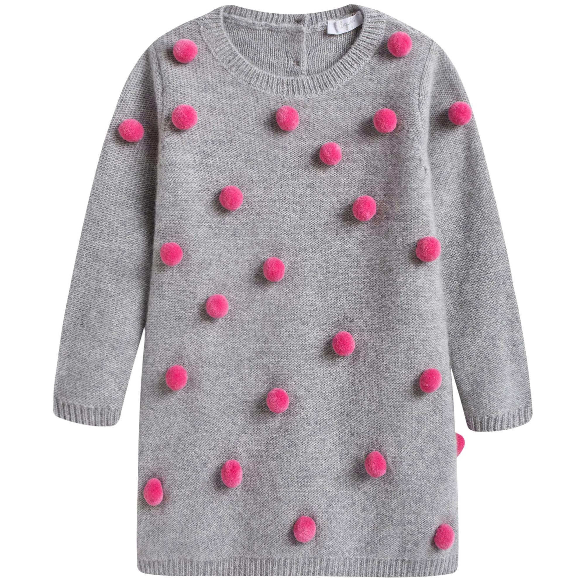 Baby Girls Grey Wool Knitted Dress With Pom-Pom Trims