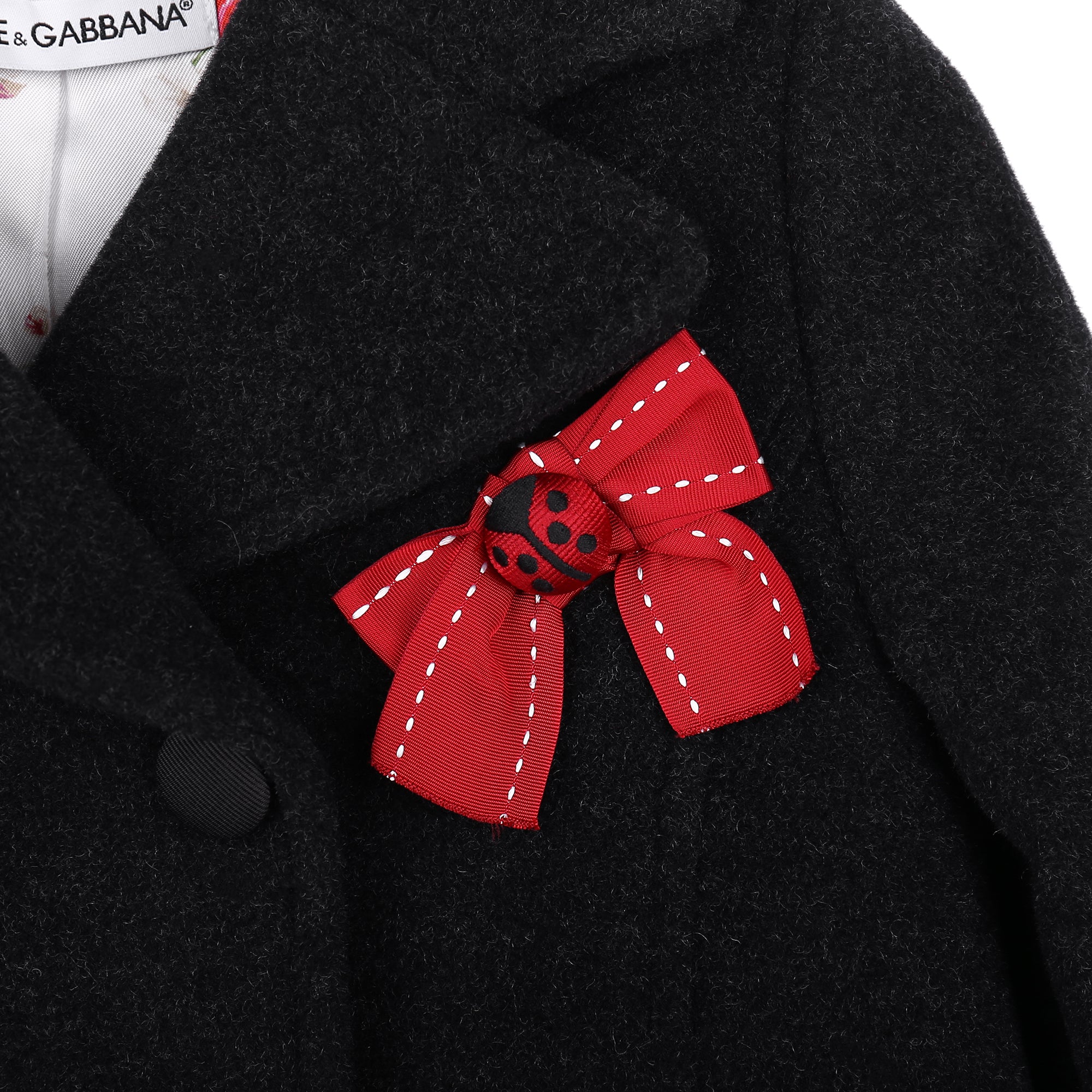 Girls Dark Grey Wool Coat With Red Bow