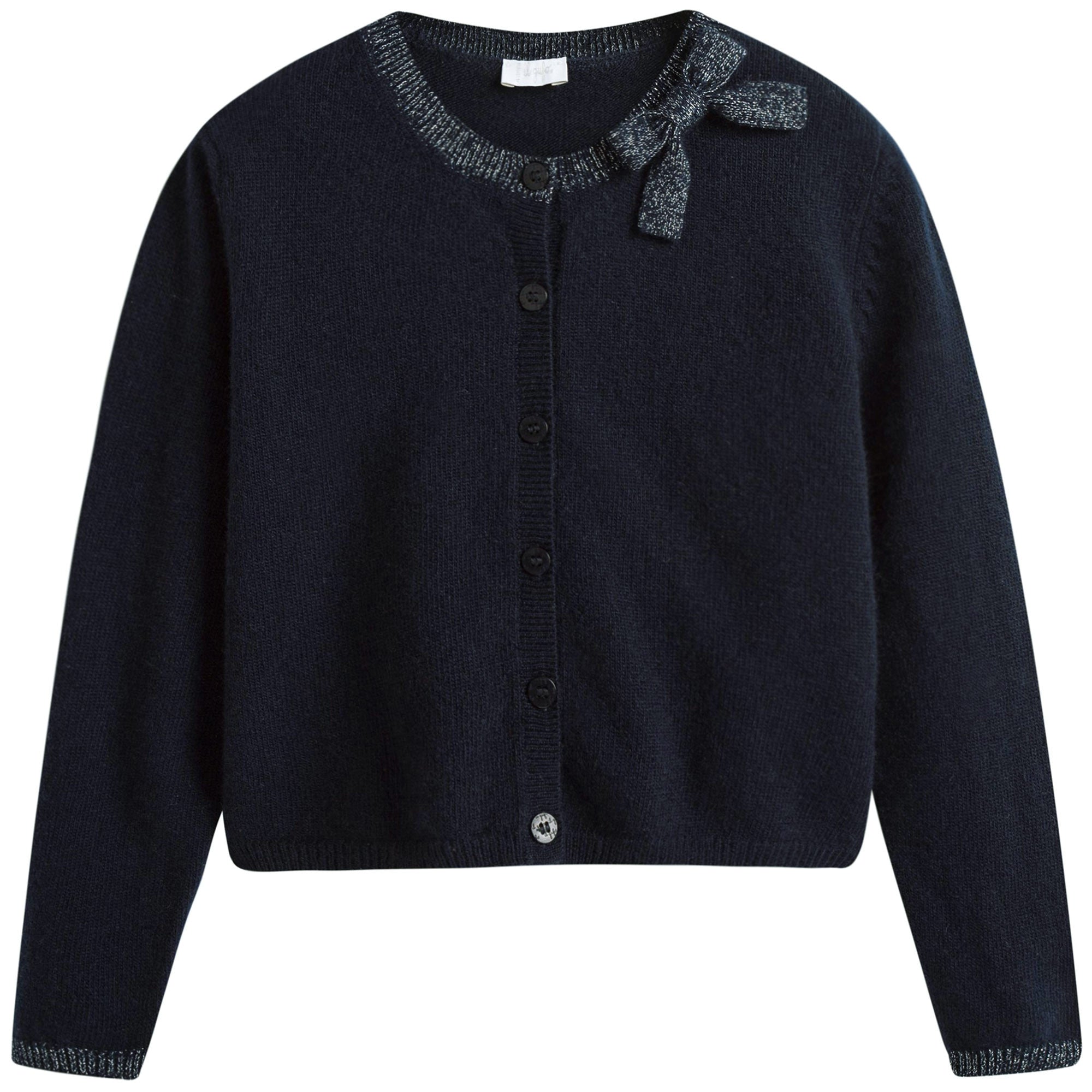 Girls Navy Blue Wool Cardigan With Silver Bow Trims