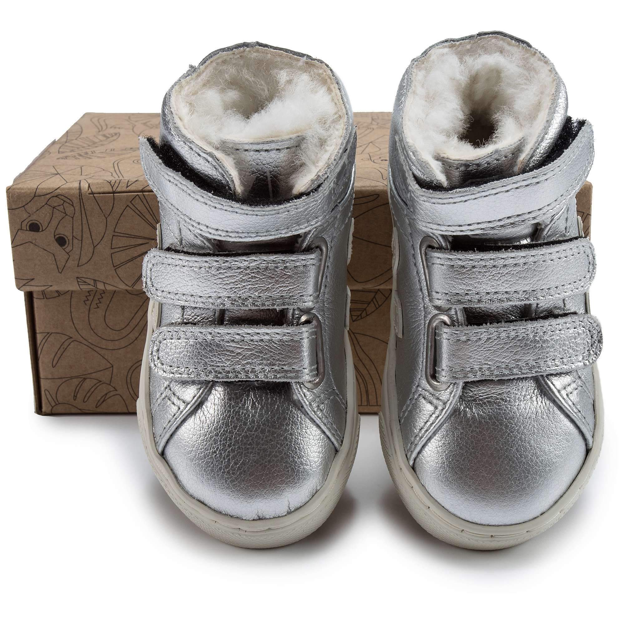 Baby Silver Leather Velcro With White "V" Shoes