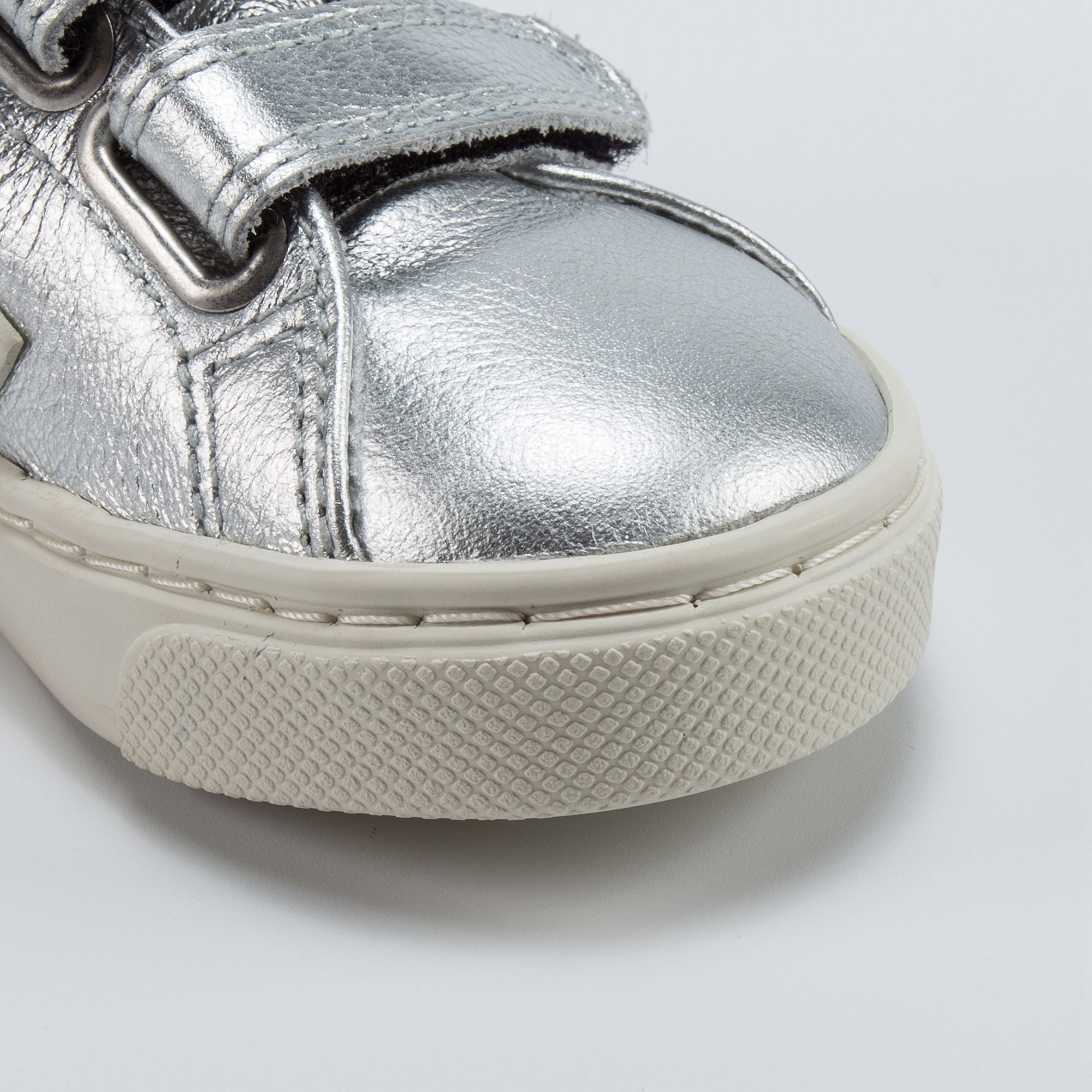 Baby Silver Leather Velcro With White "V" Shoes