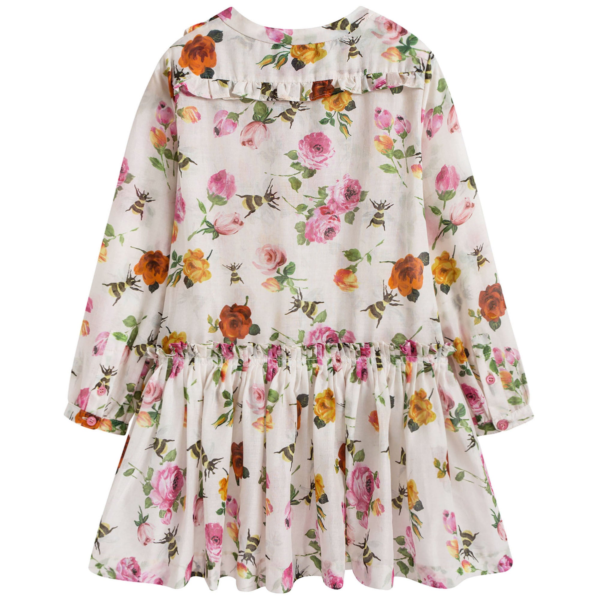 Girls White Cotton Dress With Multicolor Flower Print Trims