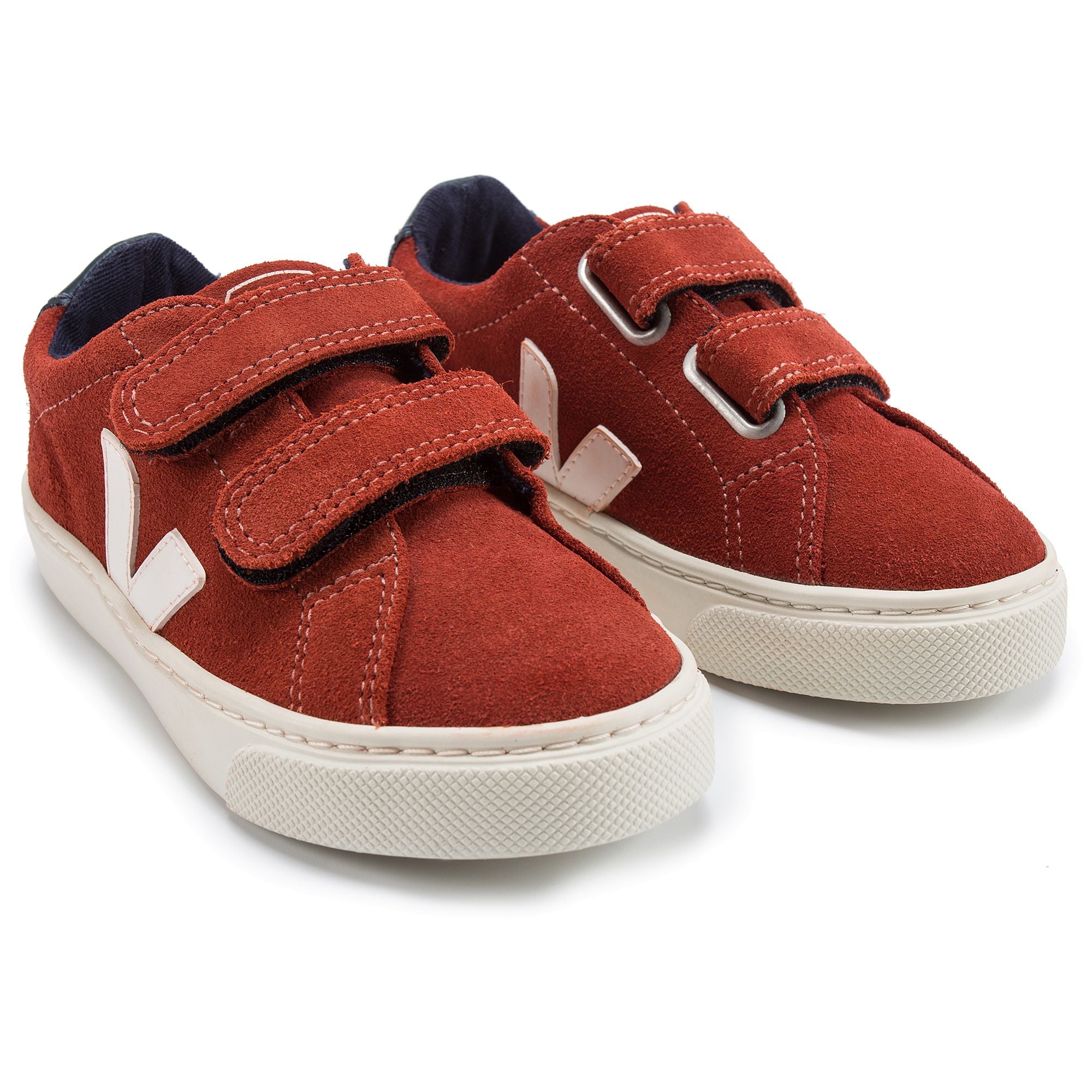 Girls & Boys Red Leather Velcro With White "V" Shoes