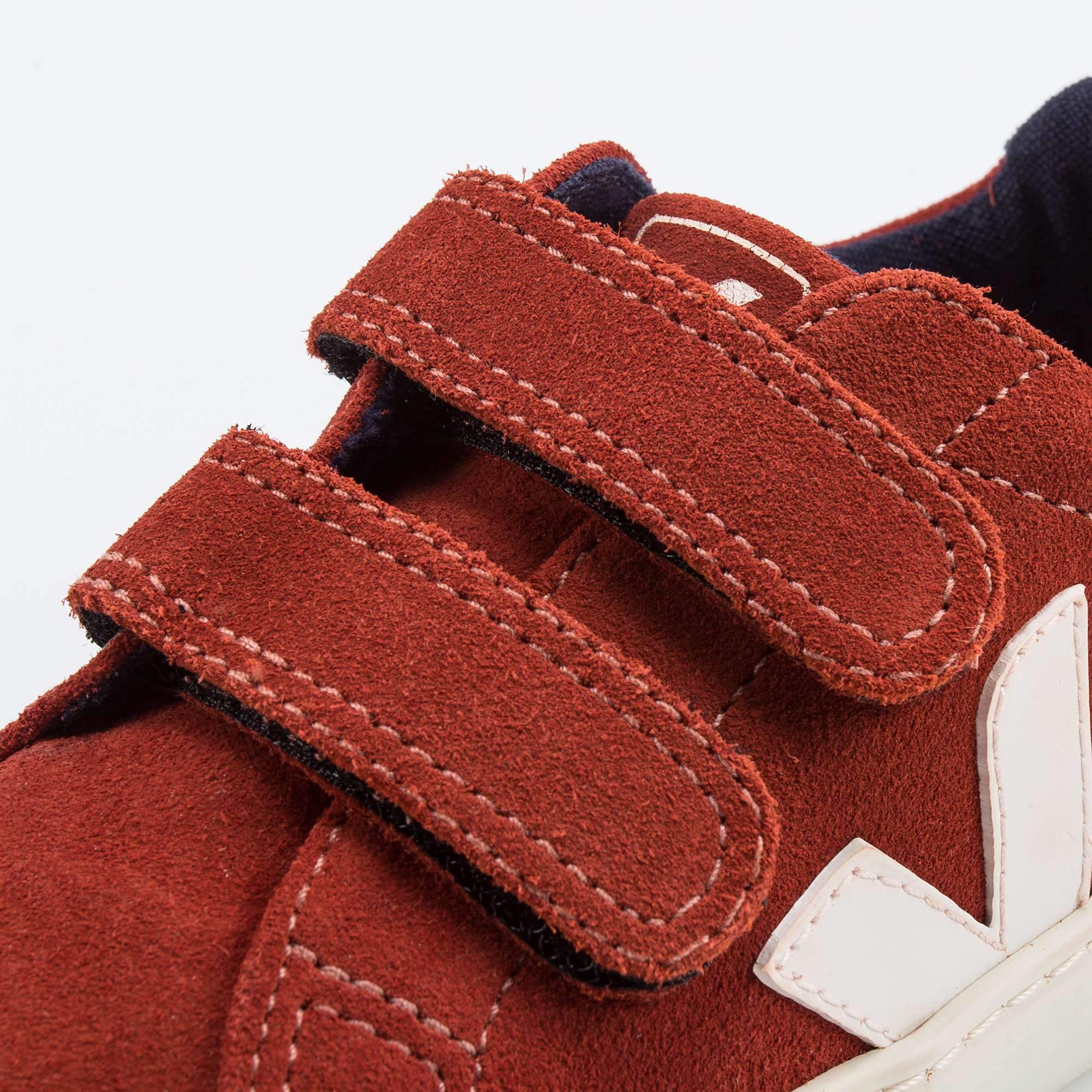 Girls & Boys Red Leather Velcro With White "V" Shoes