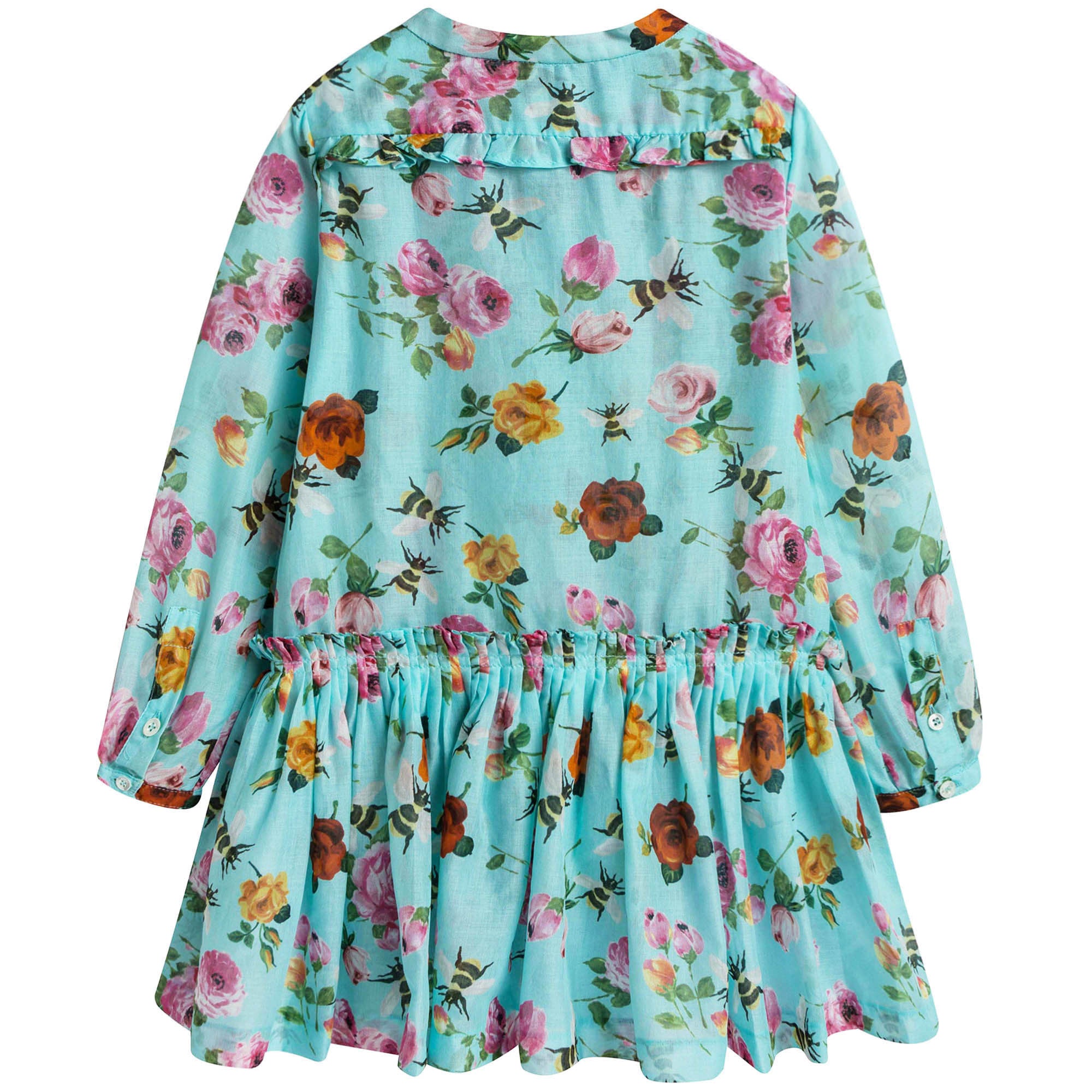 Girls Blue Cotton Dress With Multicolor Flower Print Trims