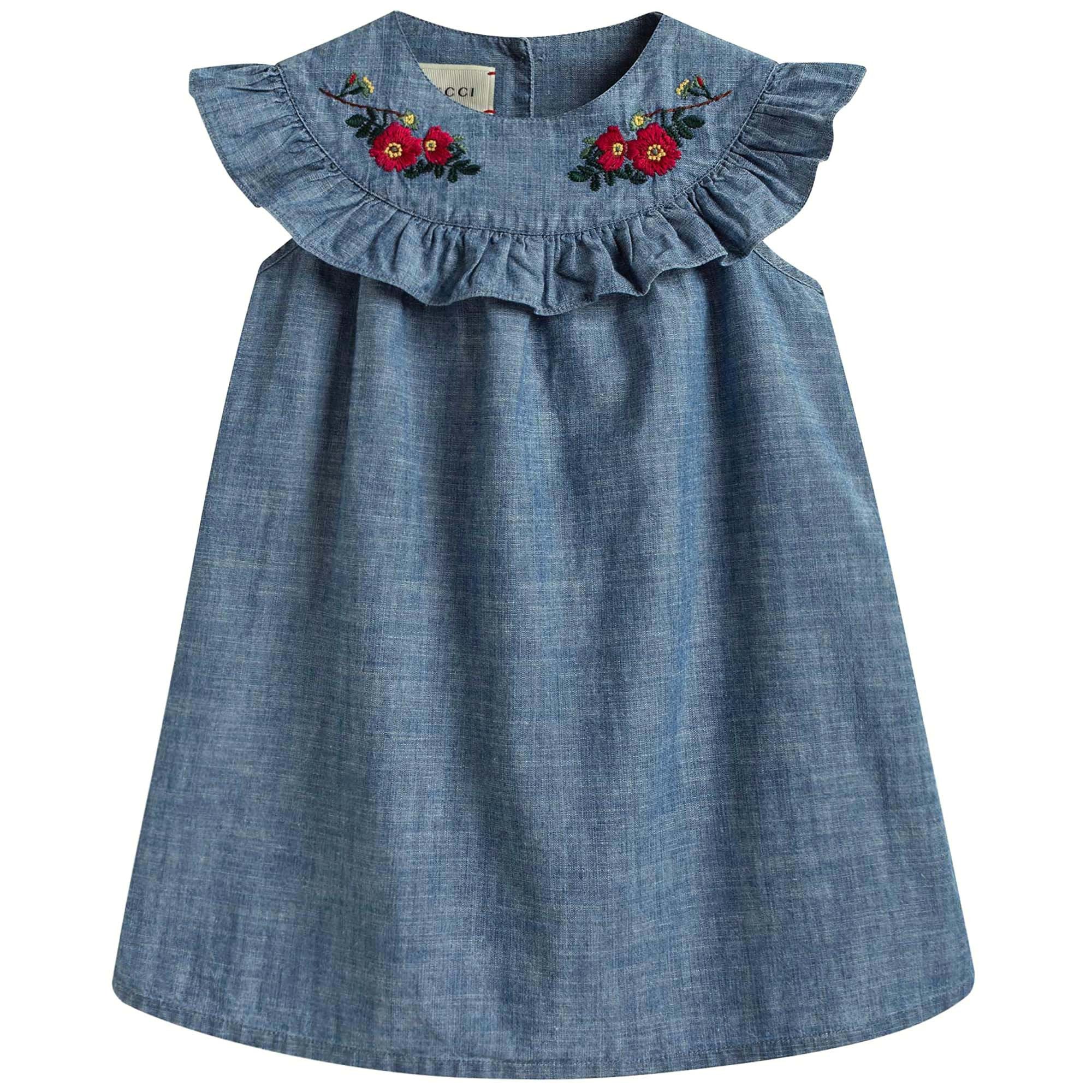 Baby Blue Embroidered Flower Trims Dress