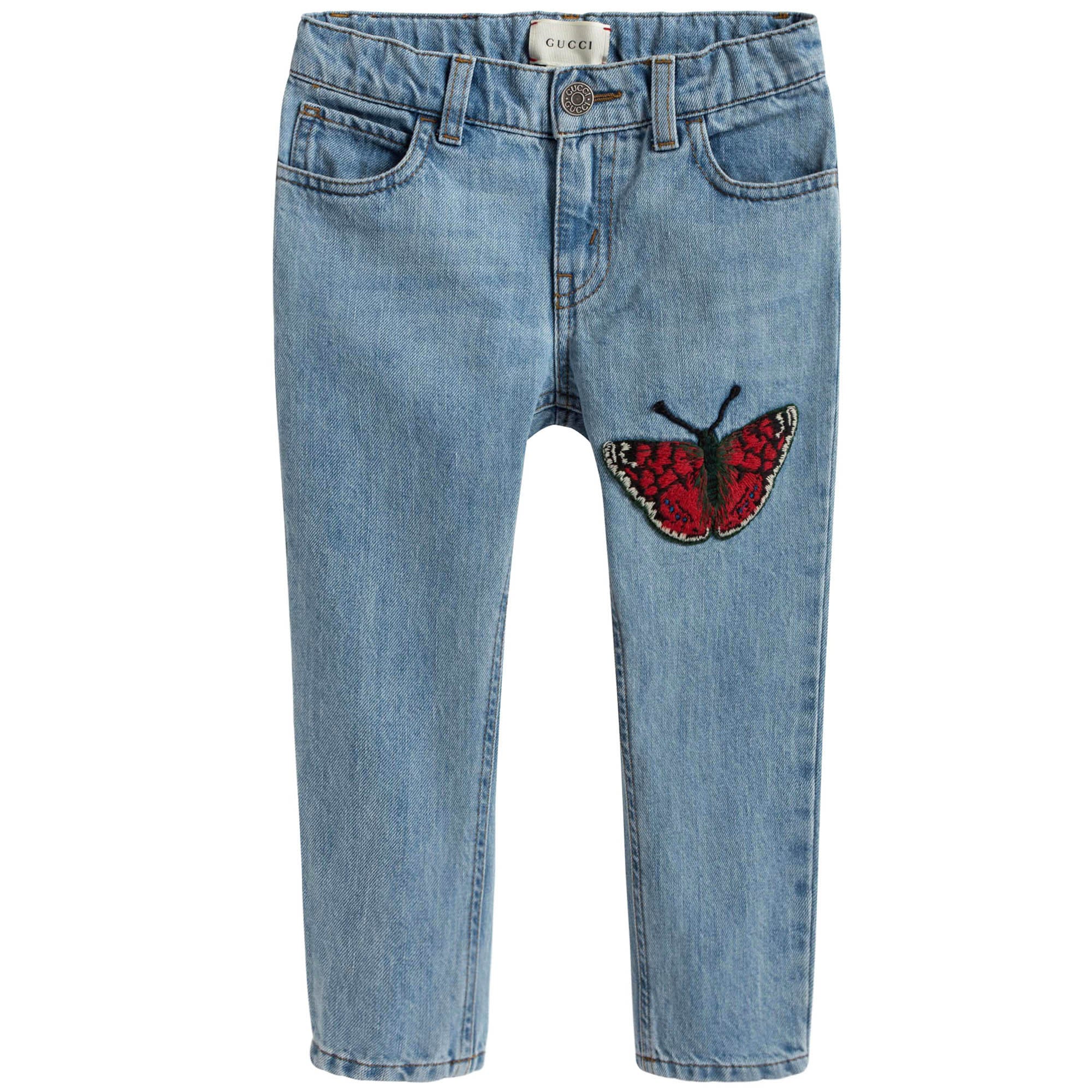 Girls Light Blue Denim Butterfly Embroidered Trims Jeans